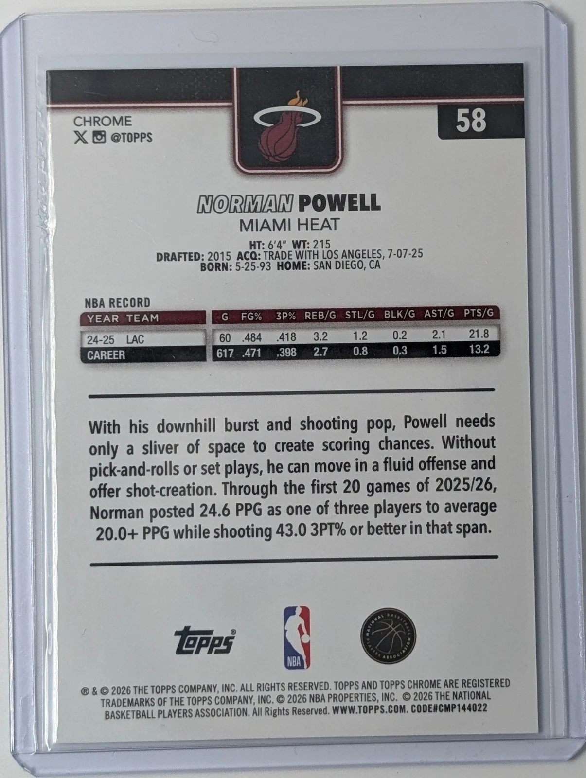 Back of 2025-26 Topps Chrome Update #58 Norman Powell Blue Wave Refractor #/150
