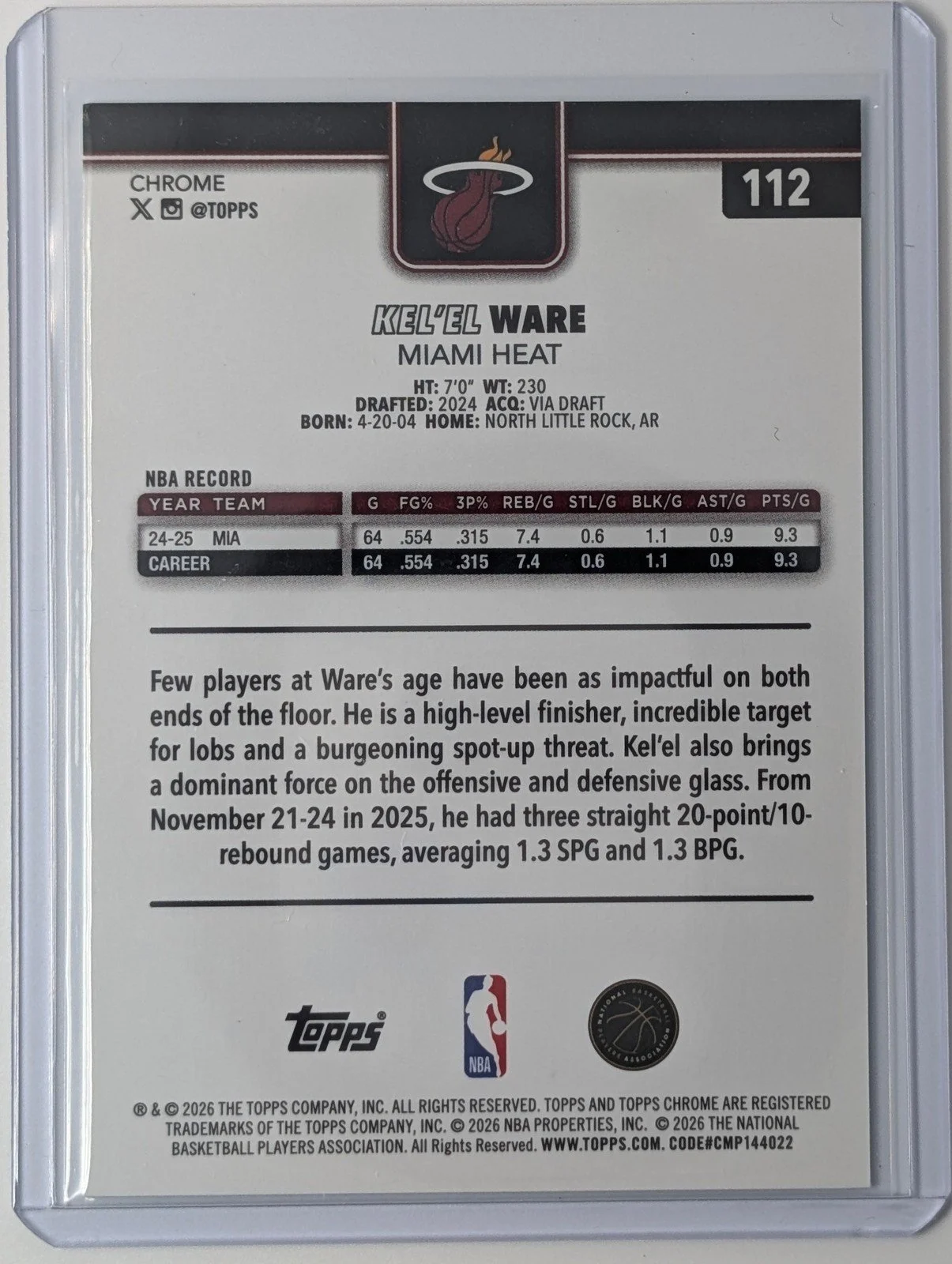 Back of 2025-26 Topps Chrome Update #112 Kel’el Ware Aqua Wave Refractor #/199