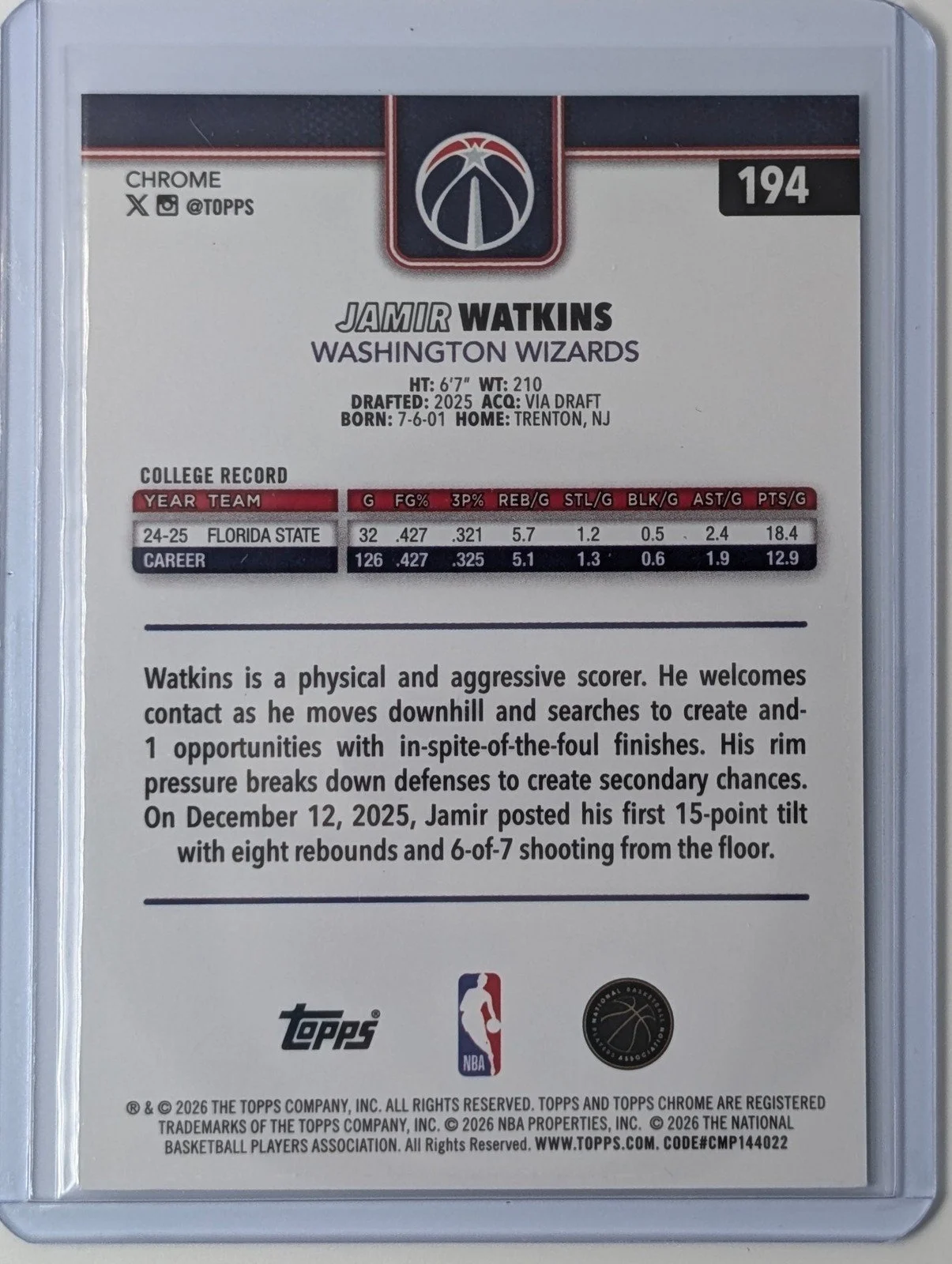 Back of 2025-26 Topps Chrome Update #194 Jamir Watkins RC