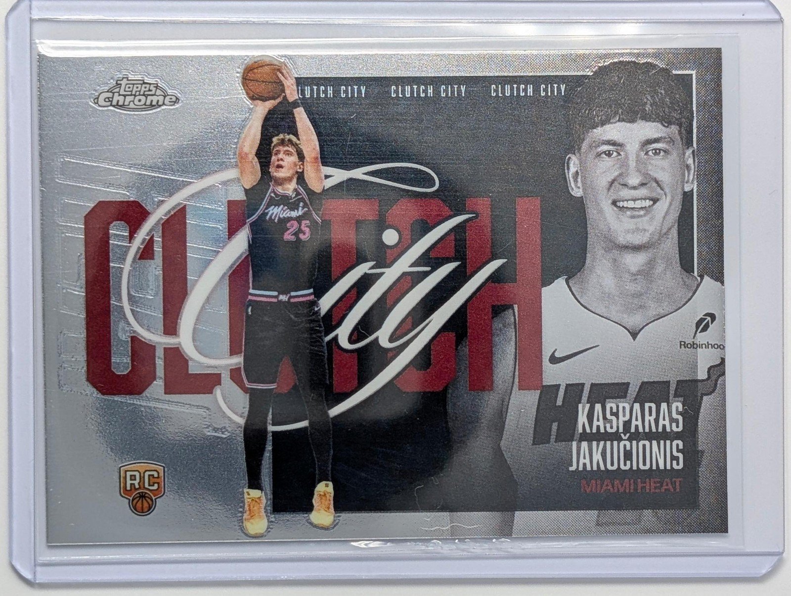 Front of 2025-26 Topps Chrome Update #YQ-13 Kasparas Jakučionis Clutch City RC