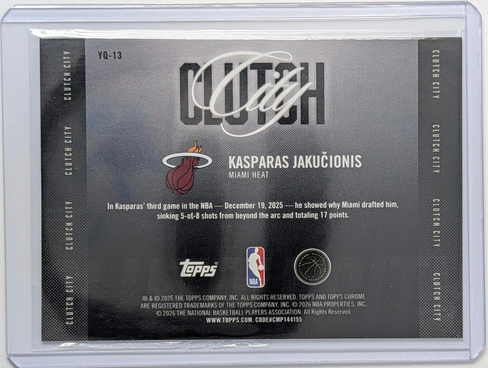 Back of 2025-26 Topps Chrome Update #YQ-13 Kasparas Jakučionis Clutch City RC
