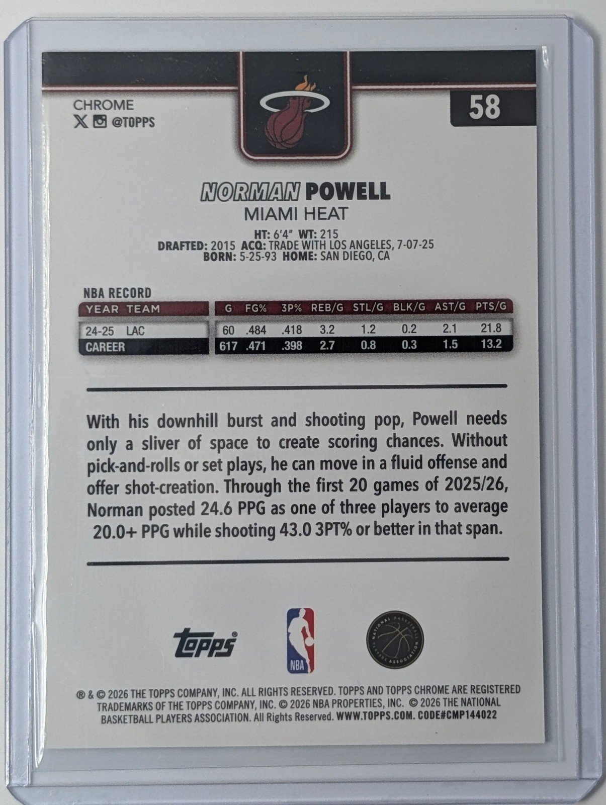 Back of 2025-26 Topps Chrome Update #58 Norman Powell Refractor