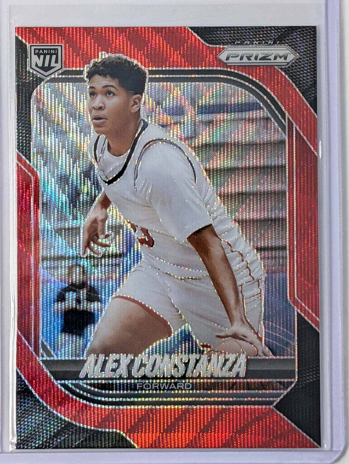 Front of 2025-26 Panini Prizm /299 #120 Alex Constanza Red Wave Prizm