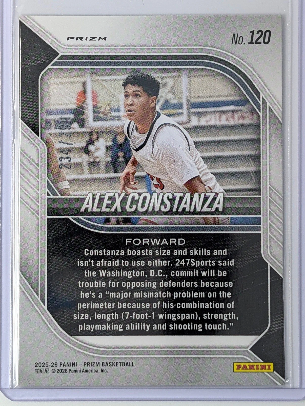 Back of 2025-26 Panini Prizm /299 #120 Alex Constanza Red Wave Prizm