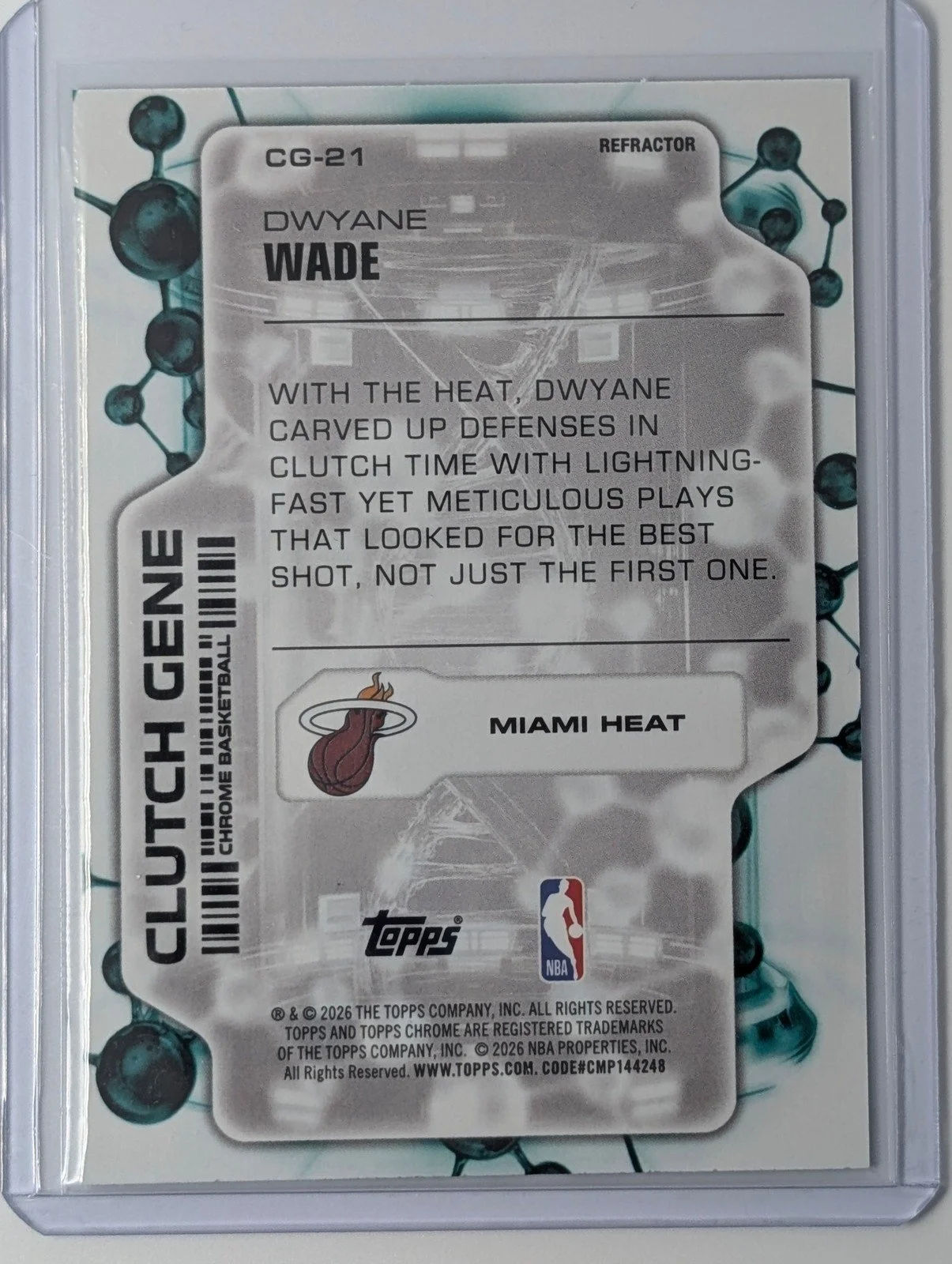 Back of 2025-26 Topps Chrome #CG-21 Dwyane Wade Clutch Gene Refractor