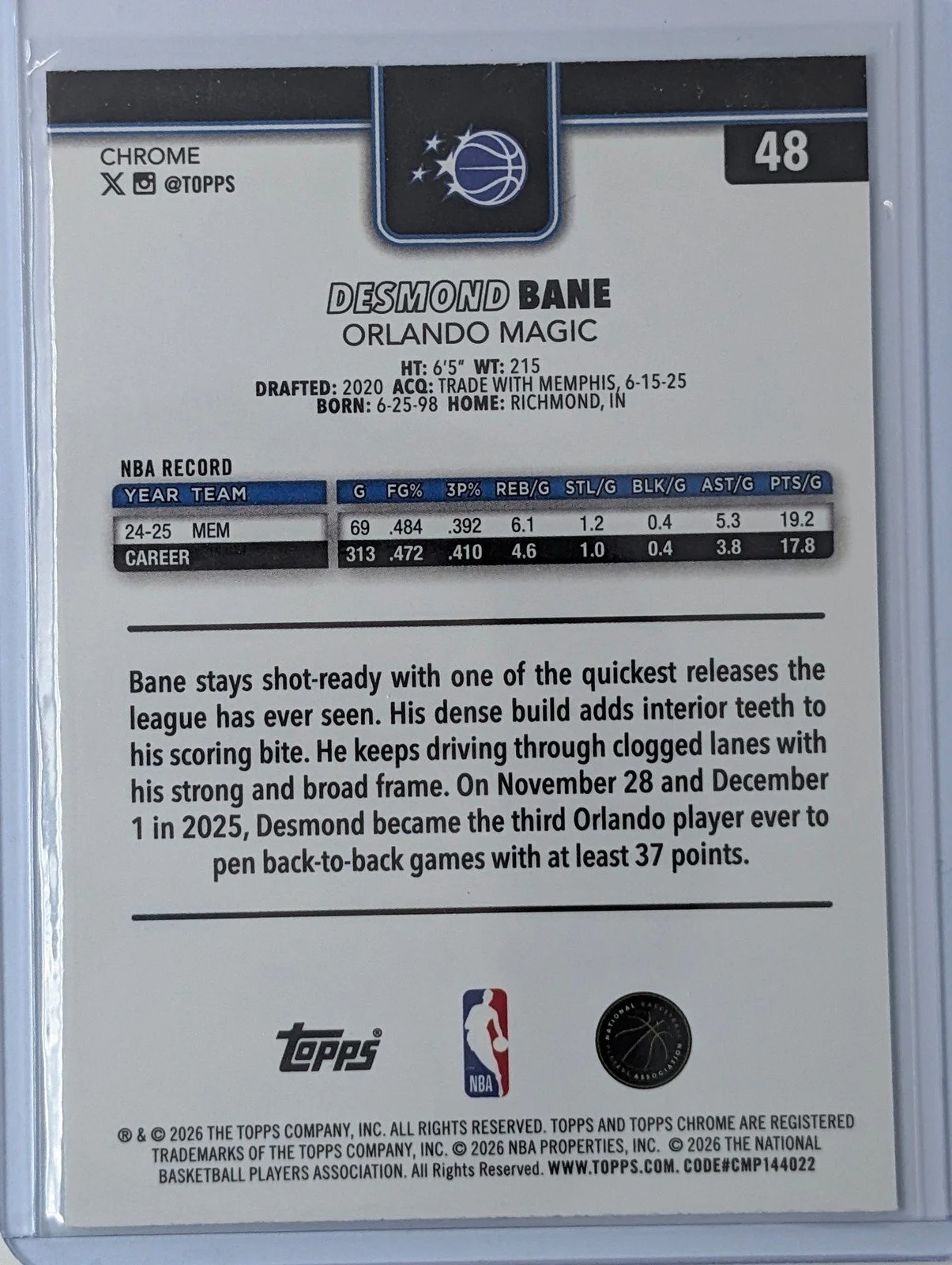 Back of 2025-26 Topps Chrome Update #48 Desmond Bane Prism Refractor