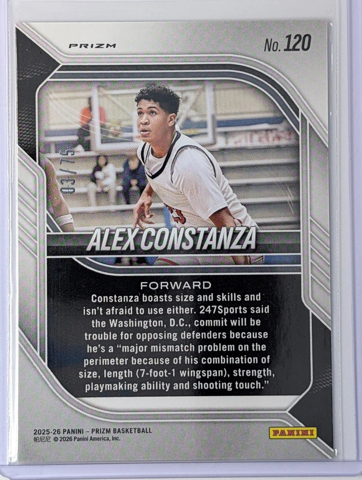 Back of 2025-26 Panini Prizm /75 Alex Constanza Red Power Prizm #120