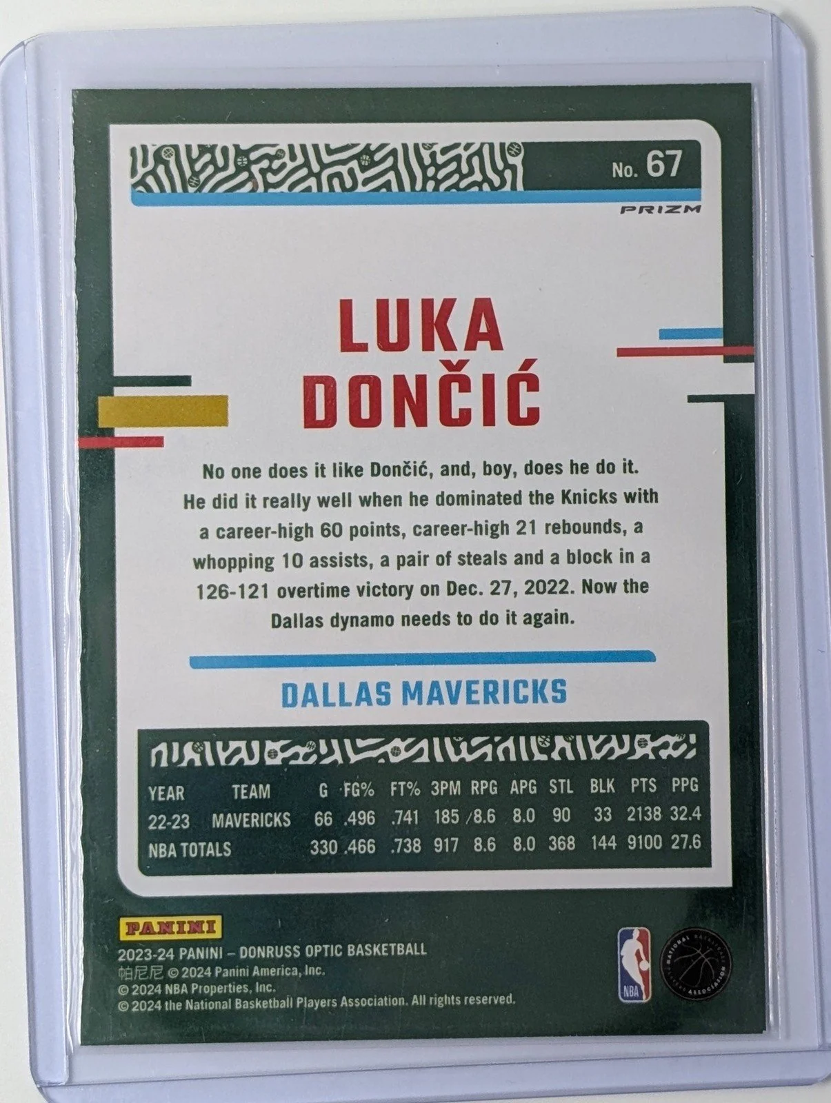 Back of 2023-24 Donruss Optic #67 Luka Doncic Purple Prizm