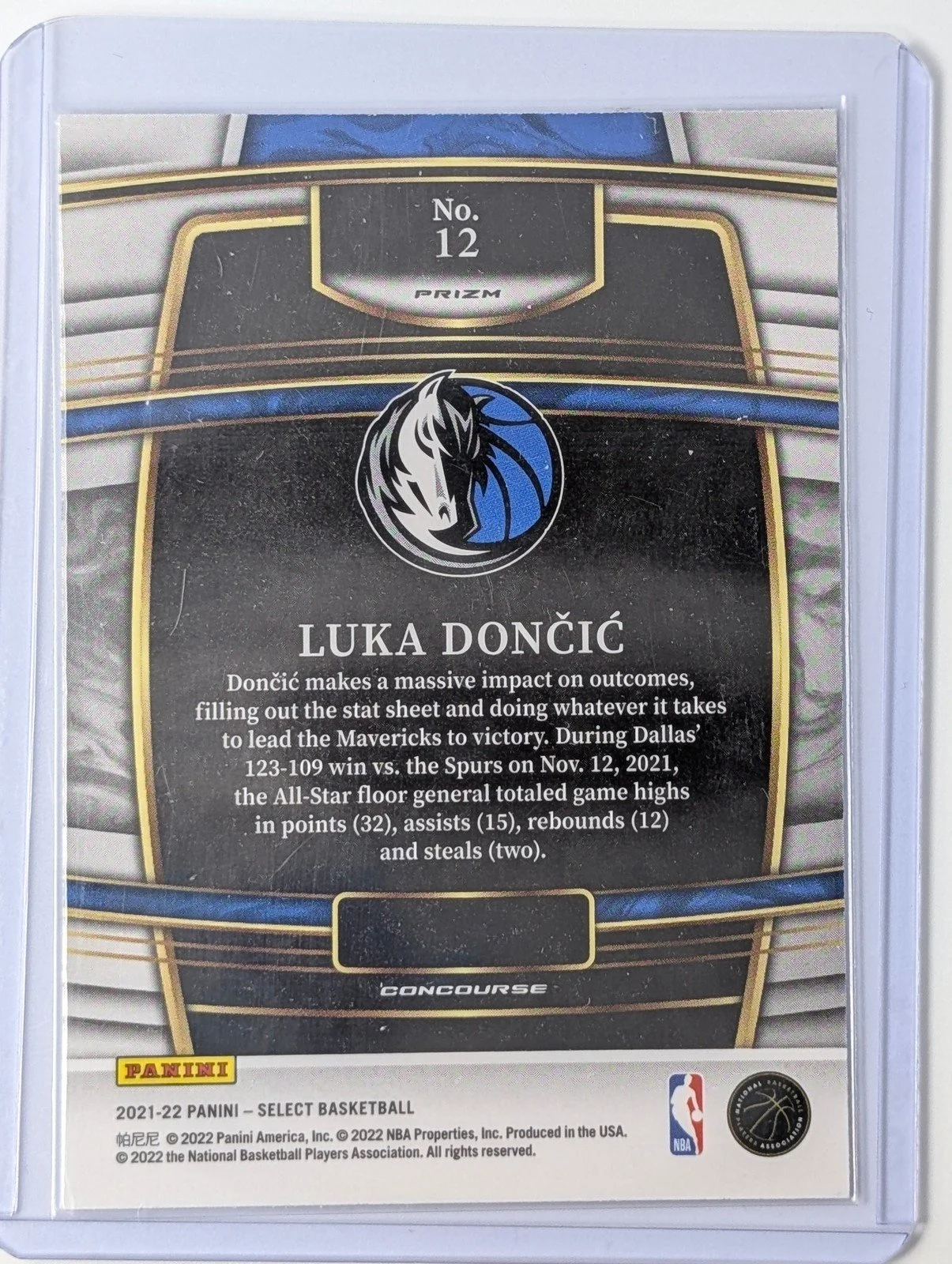 Back of 2021-22 Panini Select #12 Luka Doncic Green White Purple Prizm