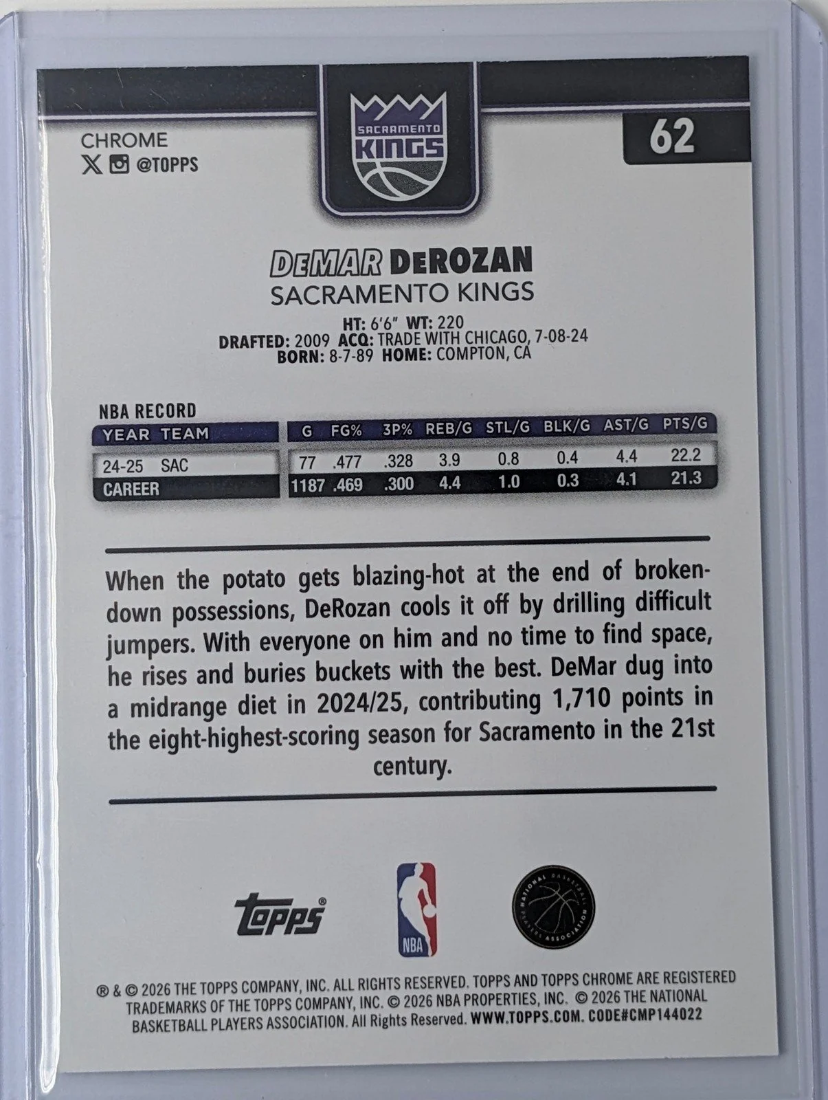 Back of 2025-26 Topps Chrome Update #62 DeMar DeRozan Sapphire