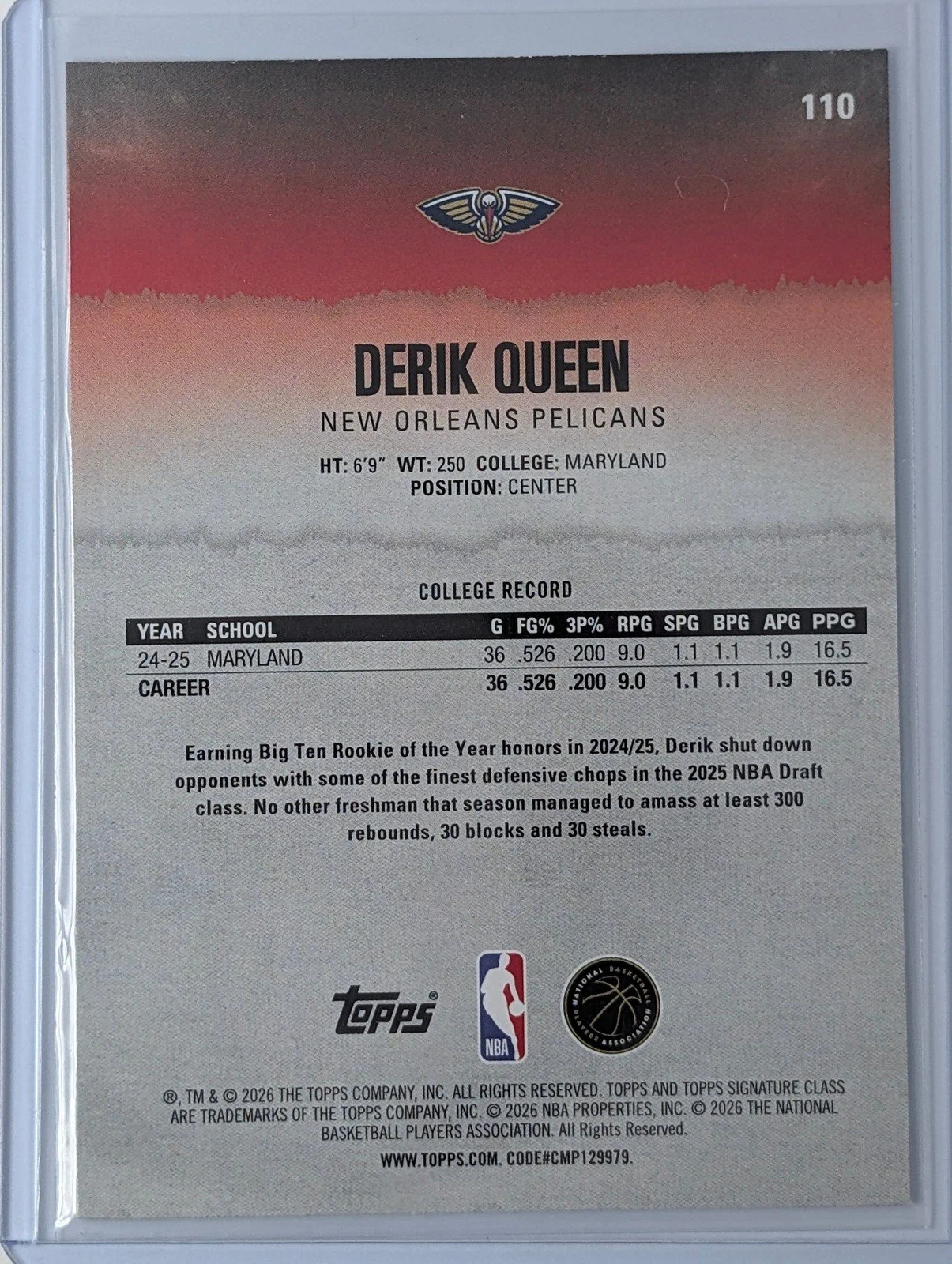 Back of 2025-26 Topps Signature Class #110 Derik Queen RC