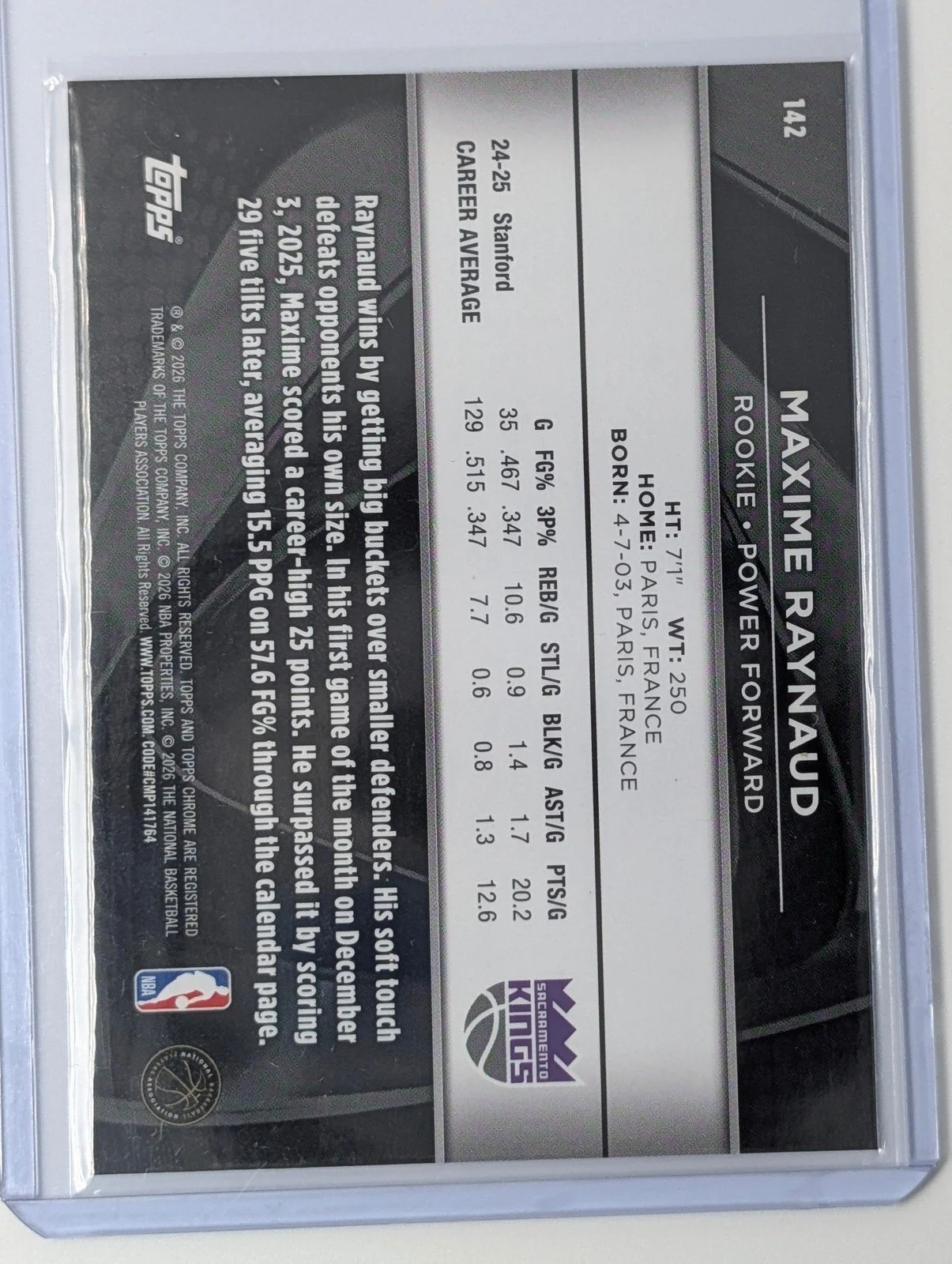 Back of 2025-26 Topps Chrome Black #142 Maxime Raynaud RC