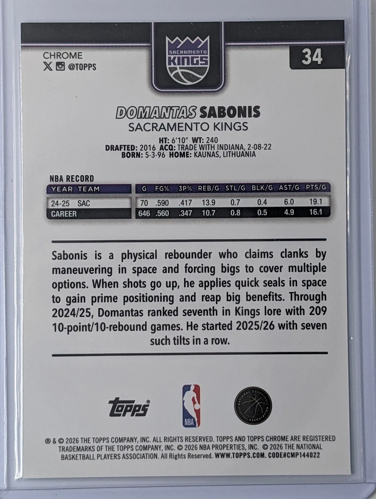 Back of 2025-26 Topps Chrome Update #34 Domantas Sabonis Sapphire