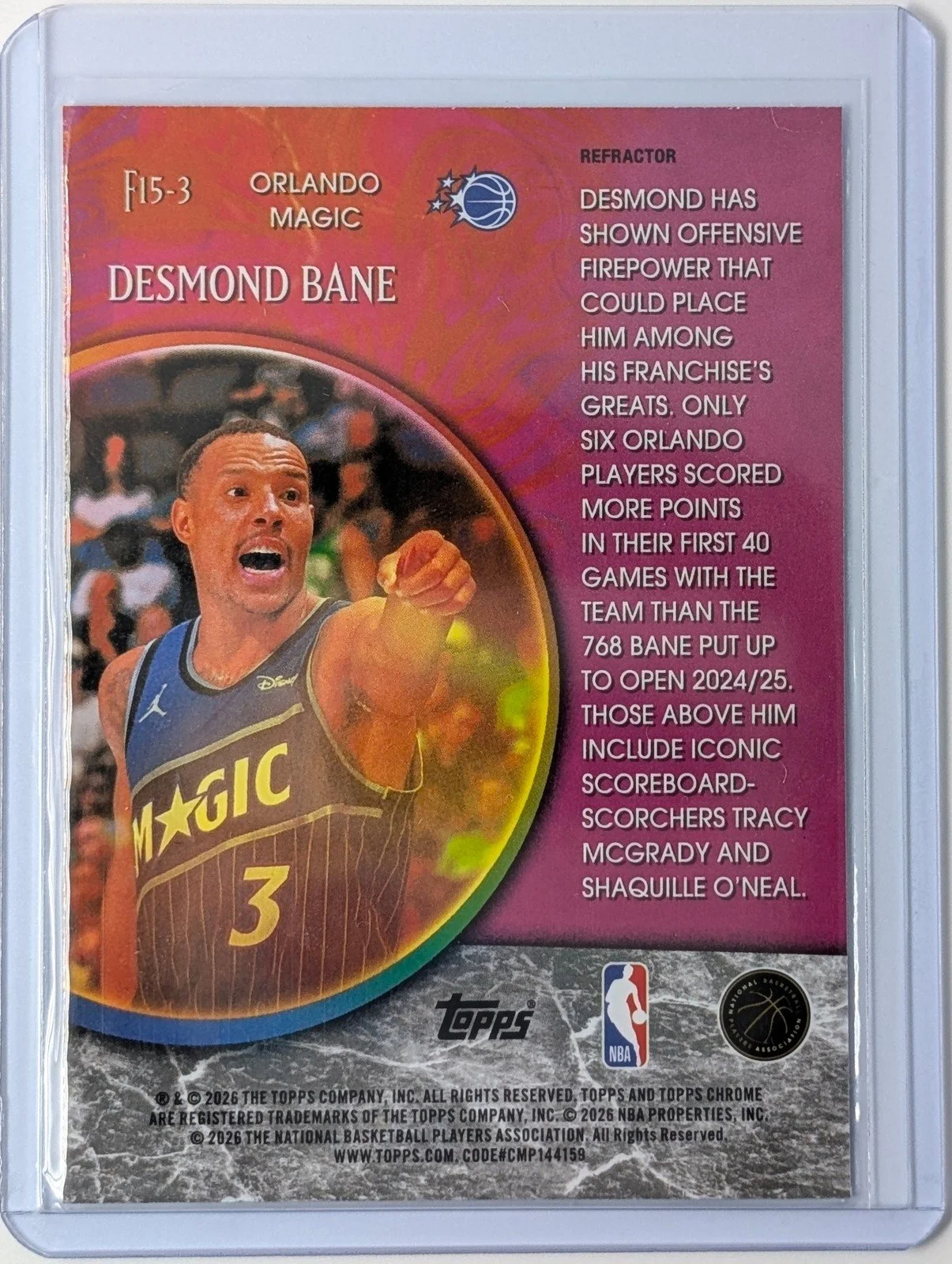 Back of 2025-26 Topps Chrome Update #F15-3 Desmond Bane Fortune 15 Refractor