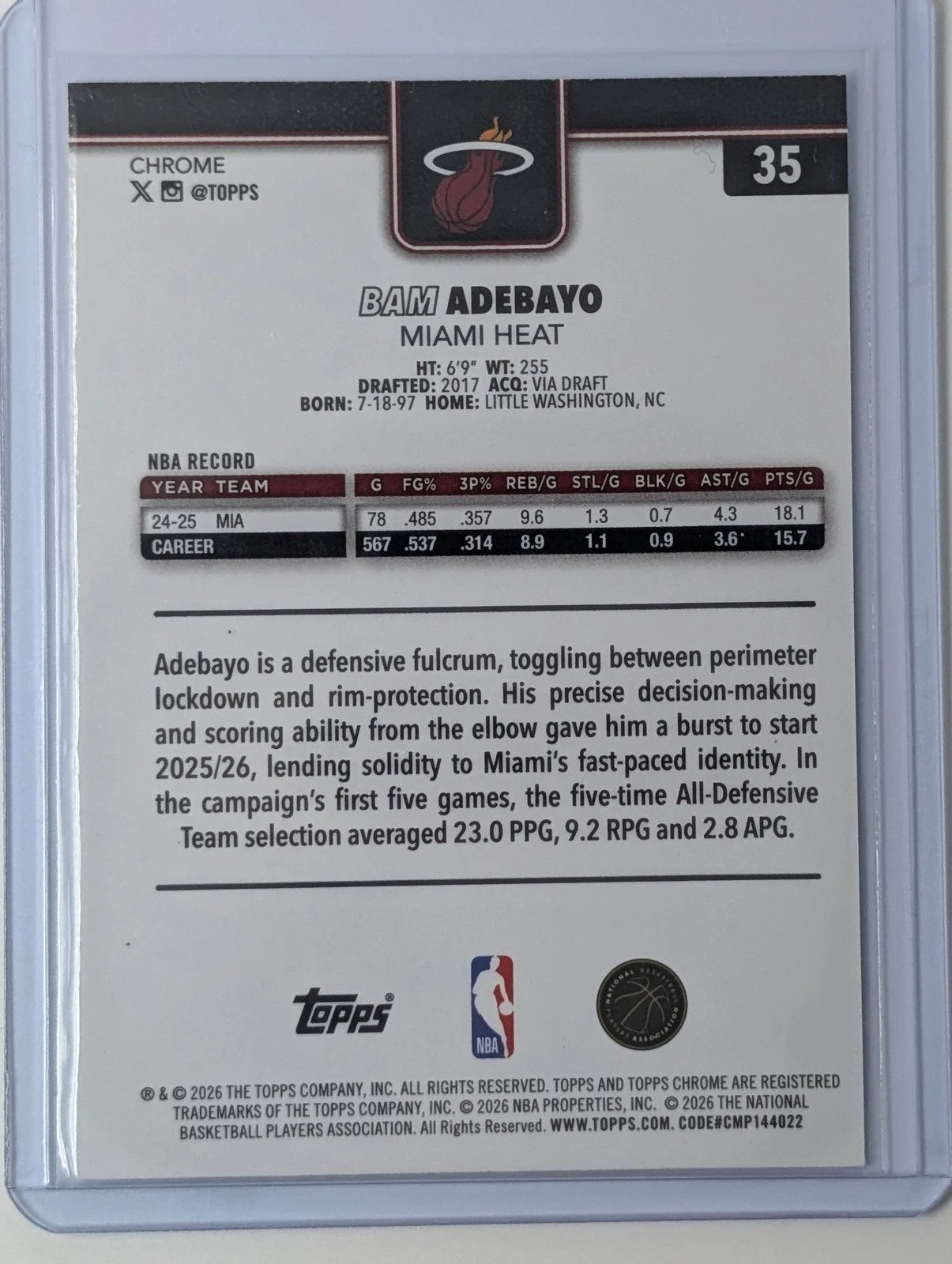 Back of 2025-26 Topps Chrome Update #35 Bam Adebayo Prism Refractor