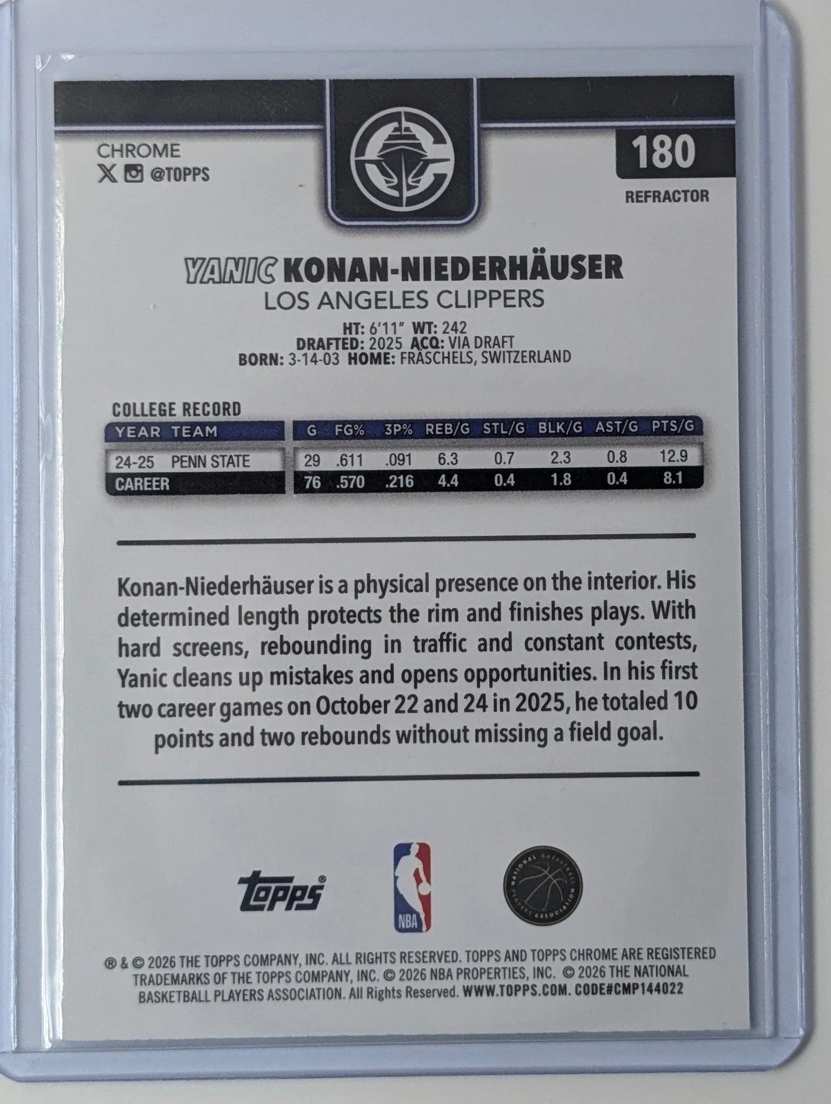 Back of 2025-26 Topps Chrome Update #180 Yanic Konan-Niederhäuser Refractor RC