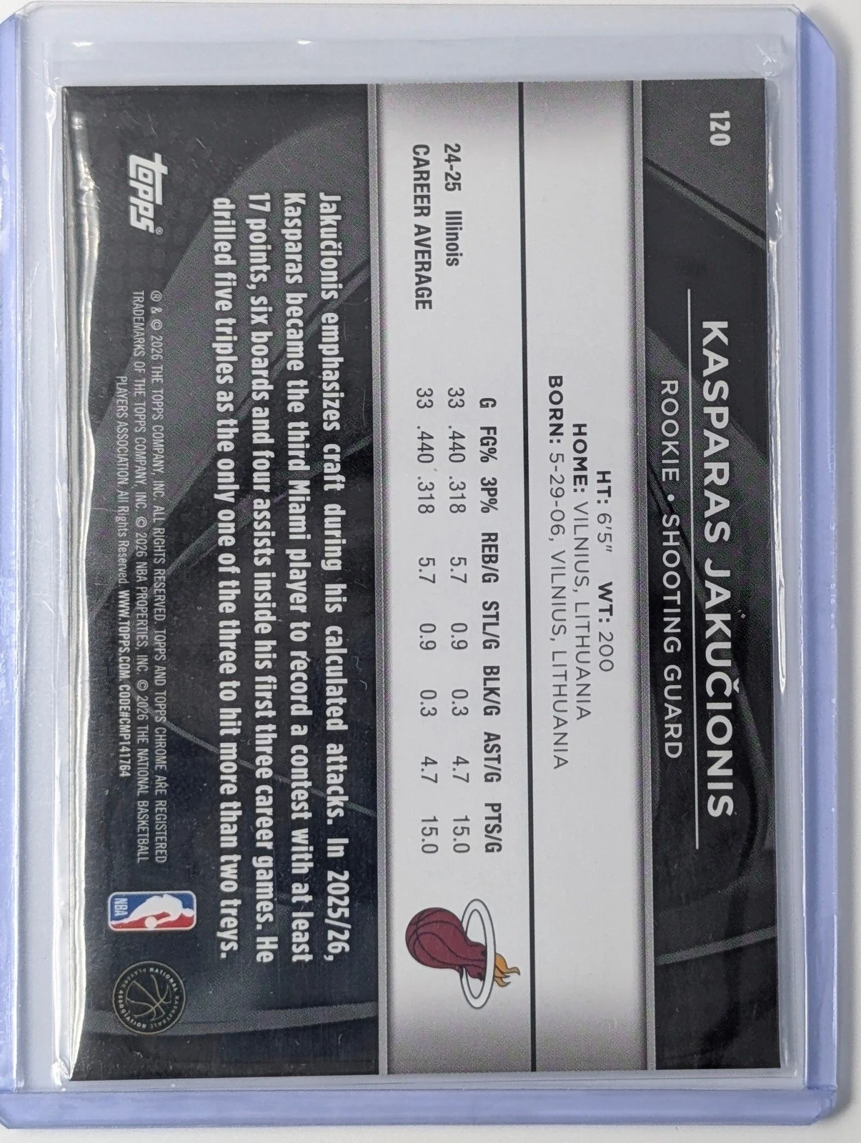 Back of 2025-26 Topps Chrome Black #120 Kasparas Jakučionis RC