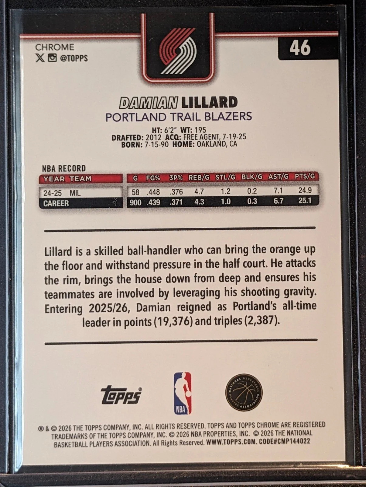 Back of 2025-26 Topps Chrome Update /75 Damian Lillard Sapphire #46