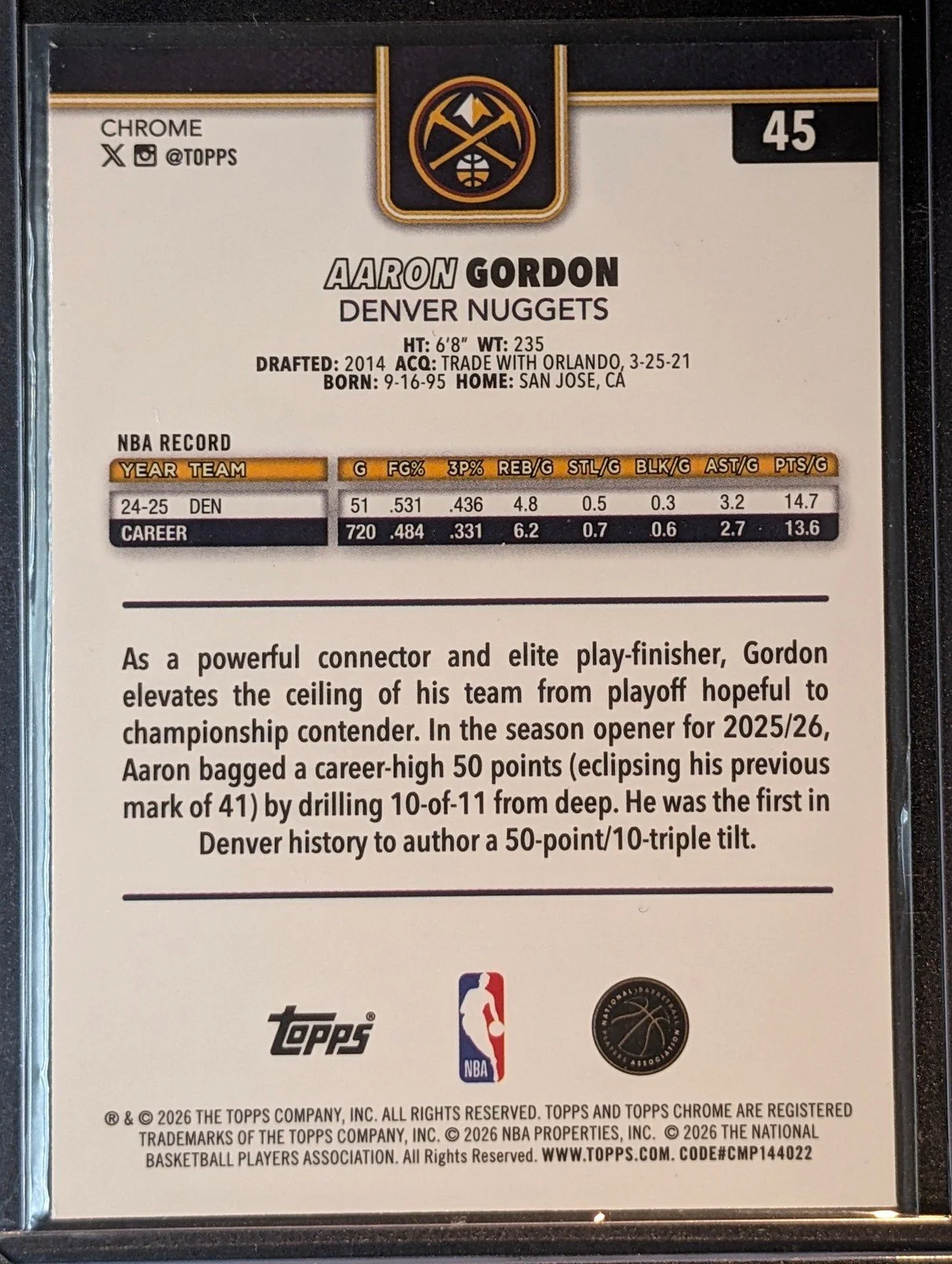 Back of 2025-26 Topps Chrome Update Aaron Gordon Sapphire #45