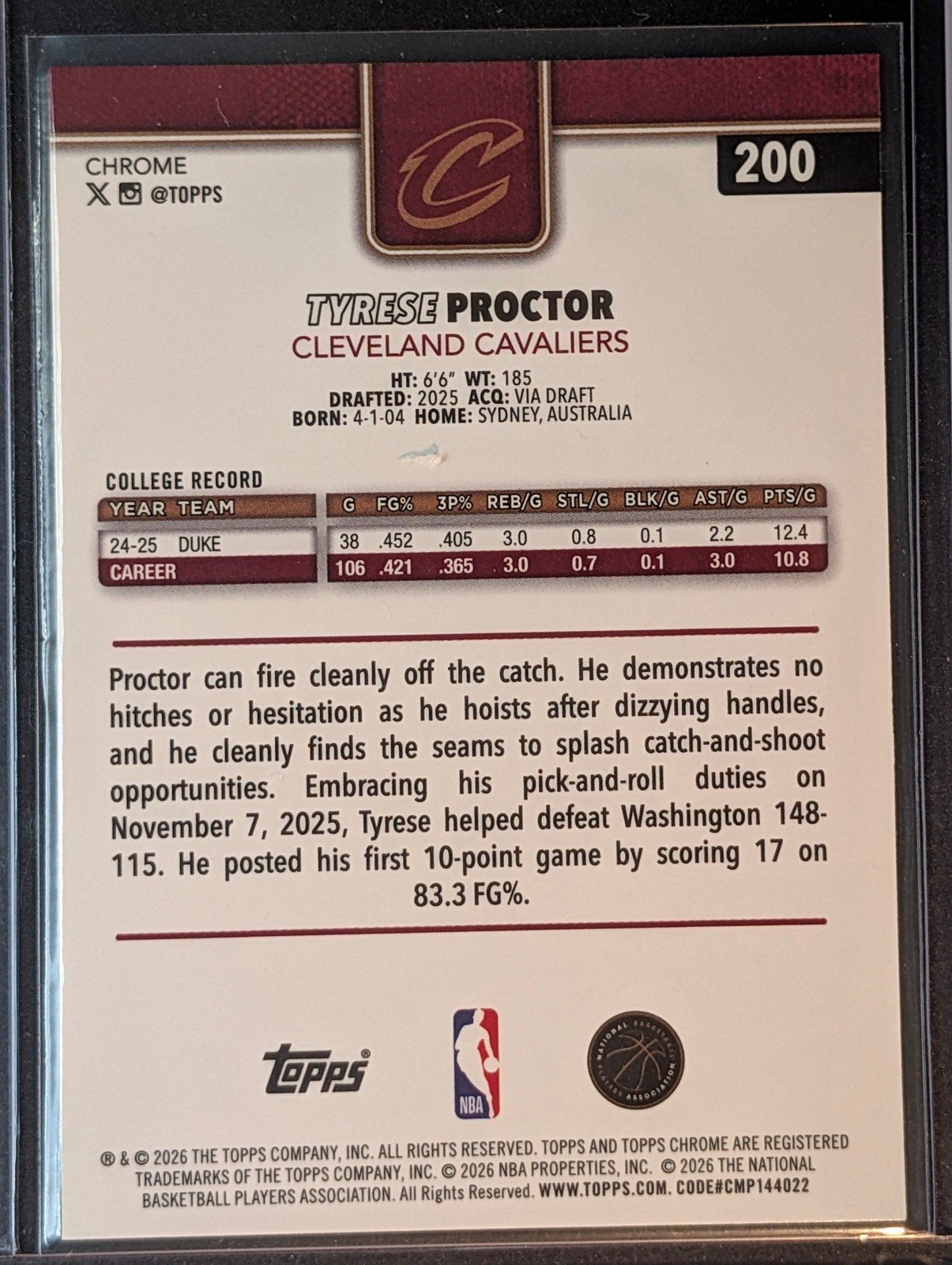 Back of 2025-26 Topps Chrome Update Tyrese Proctor Wave Refractor #200 RC