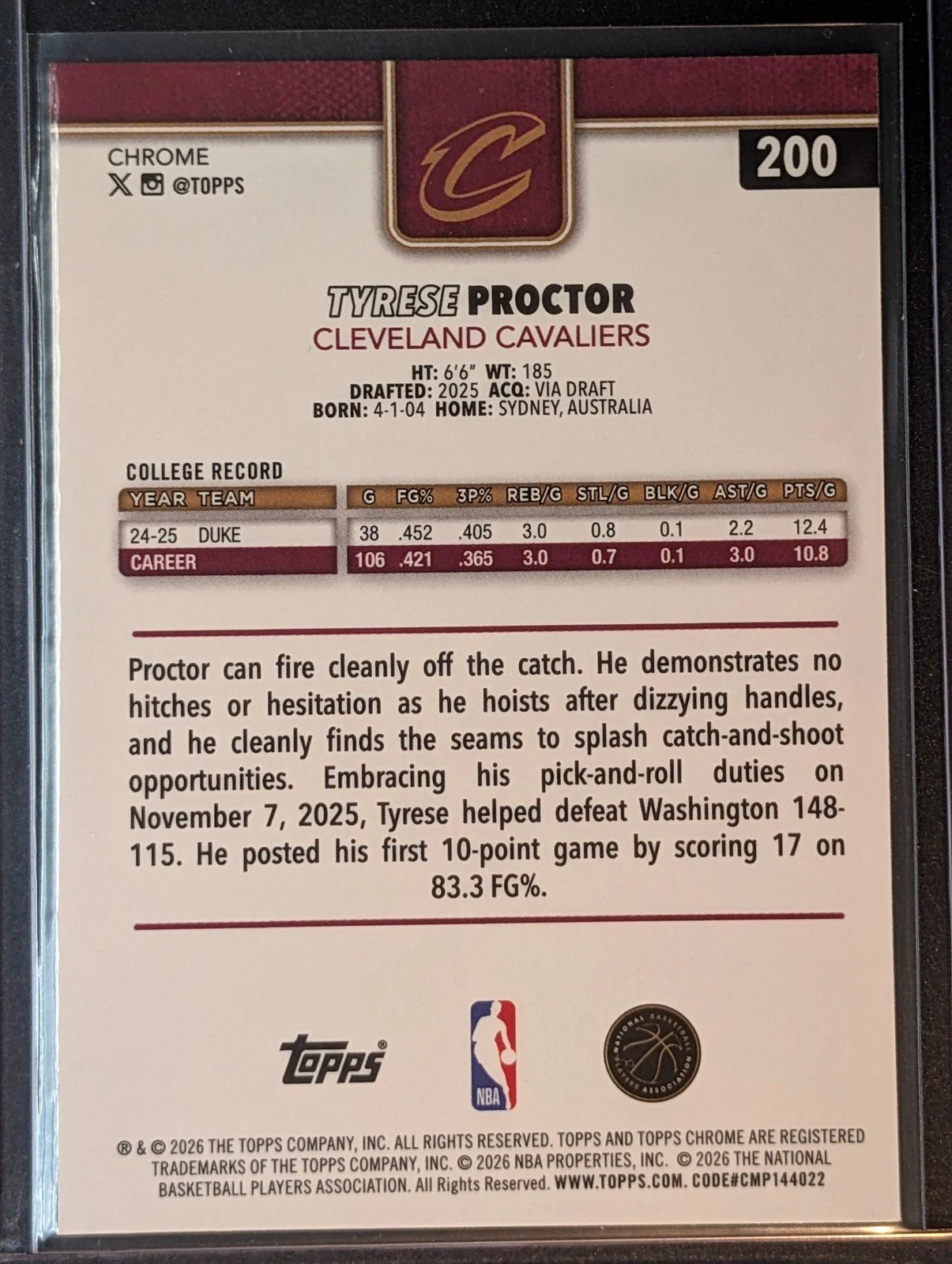 Back of 2025-26 Topps Chrome Update Tyrese Proctor Negative Refractor #200 RC