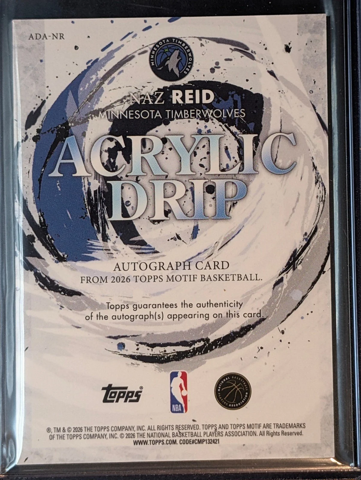 Back of 1/10 2025-26 Topps Motif /10 Naz Reid Acrylic Drip Autographs