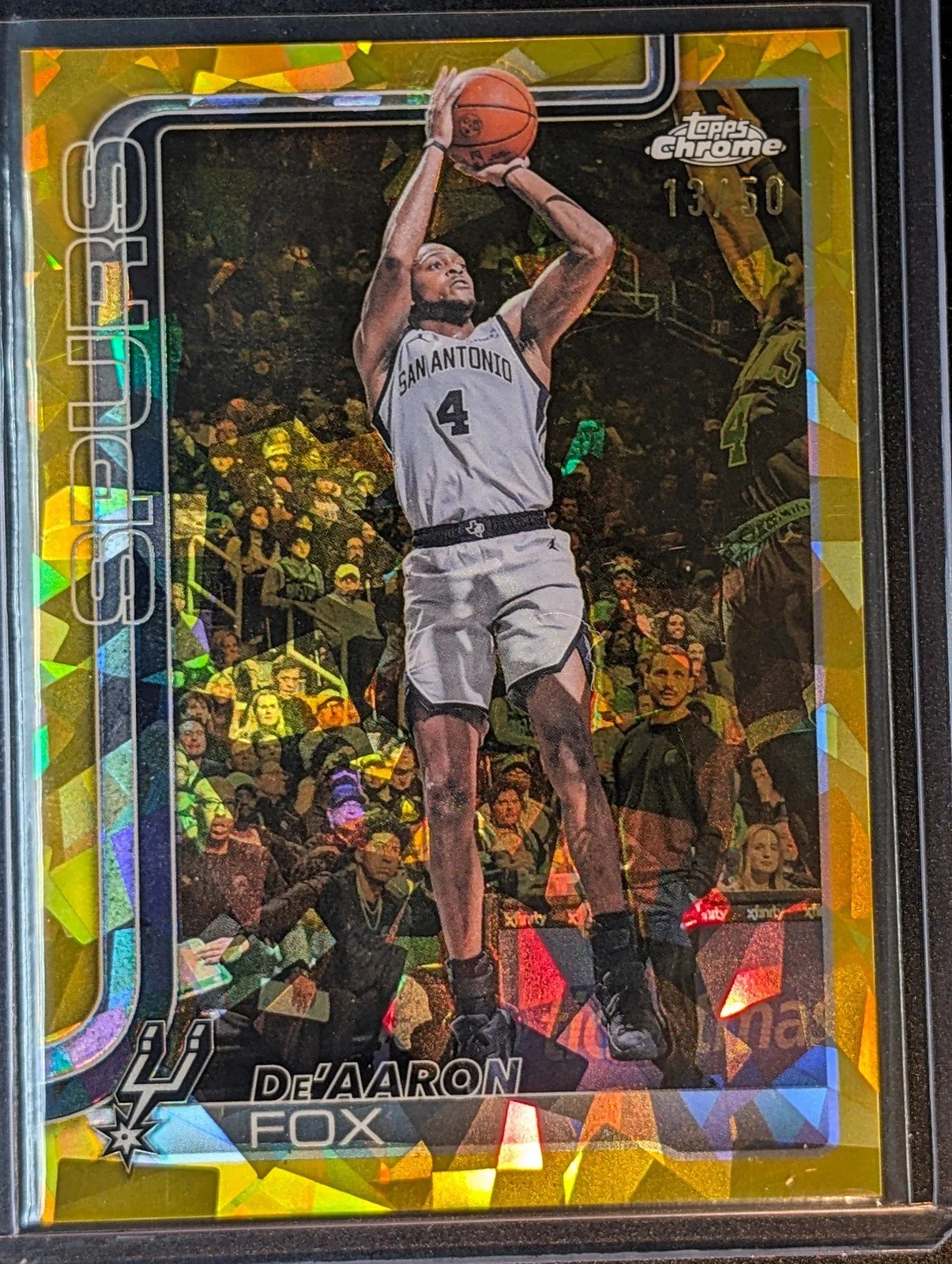 Front of 2025-26 Topps Chrome Update /50 De'Aaron Fox Sapphire #30
