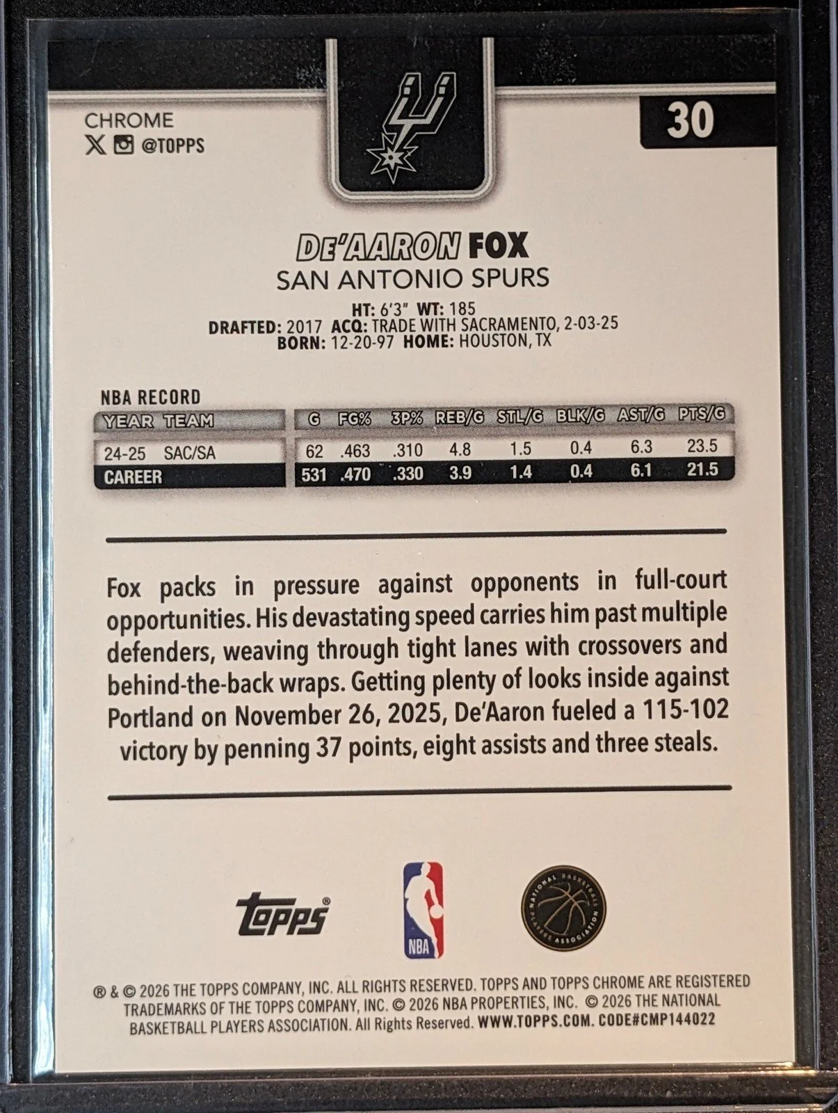 Back of 2025-26 Topps Chrome Update /50 De'Aaron Fox Sapphire #30