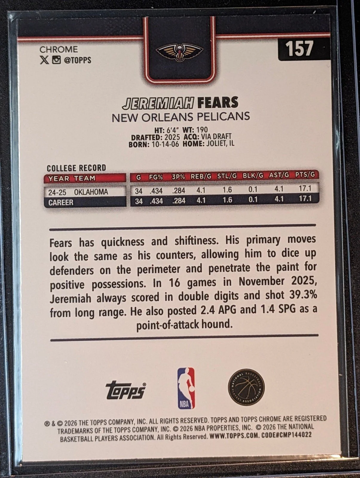 Back of 2025-26 Topps Chrome Update Jeremiah Fears Prism Refractor #157 RC