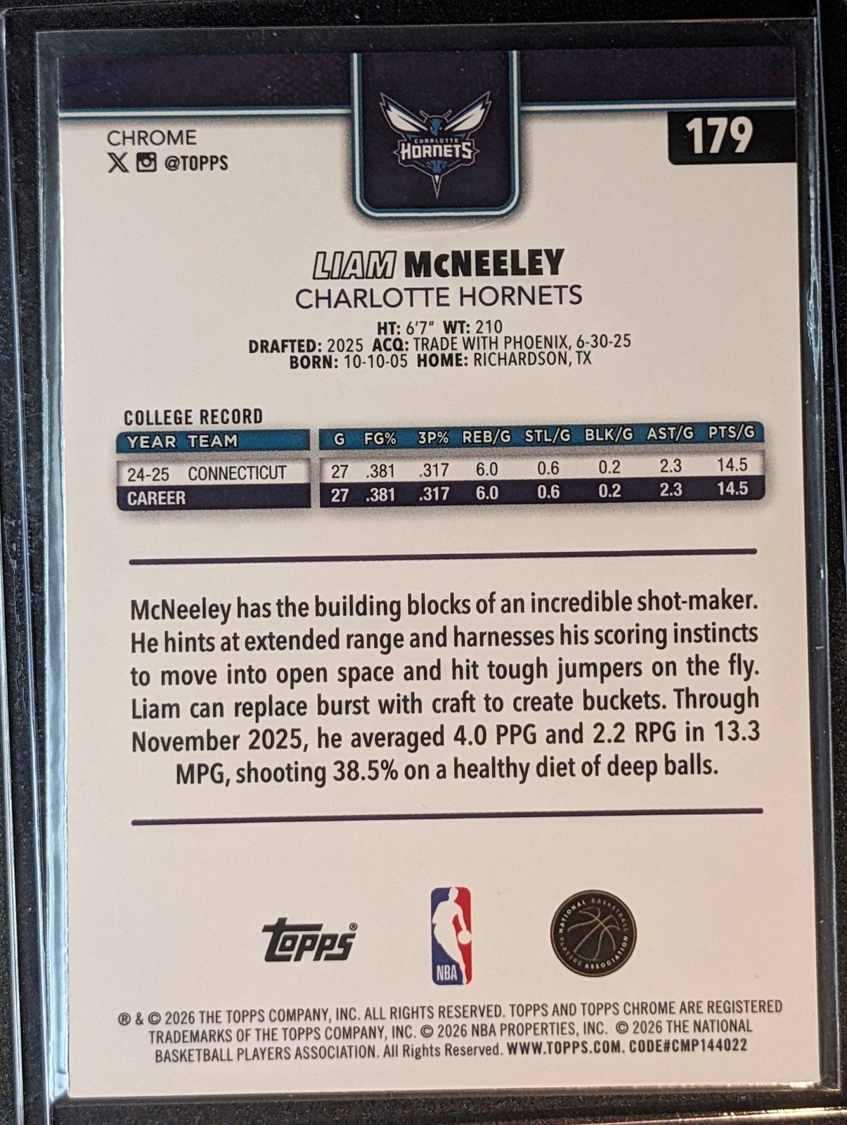 Back of 2025-26 Topps Chrome Update Liam McNeeley Sapphire #179 RC