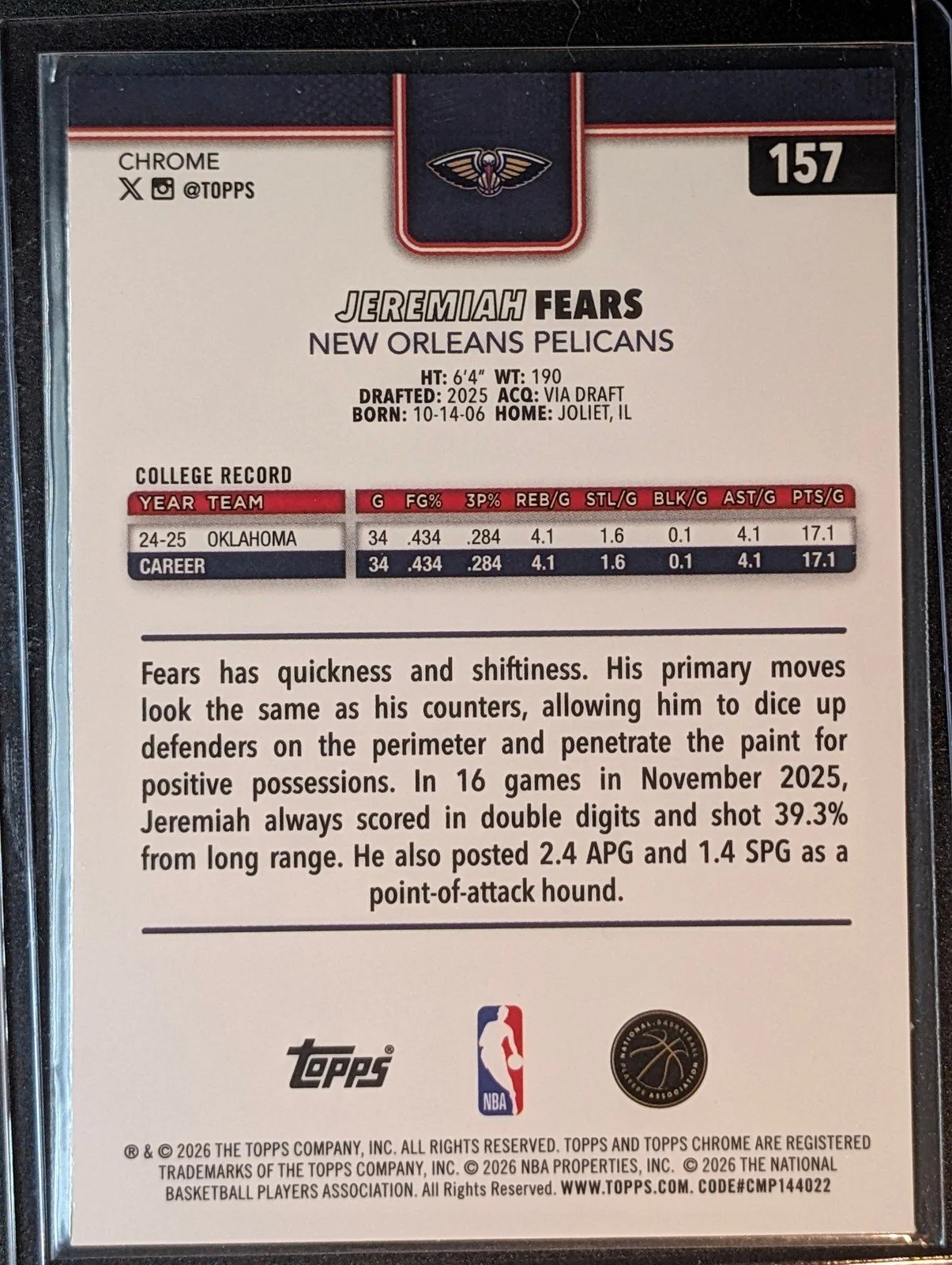 Back of 2025-26 Topps Chrome Update Jeremiah Fears #157 RC