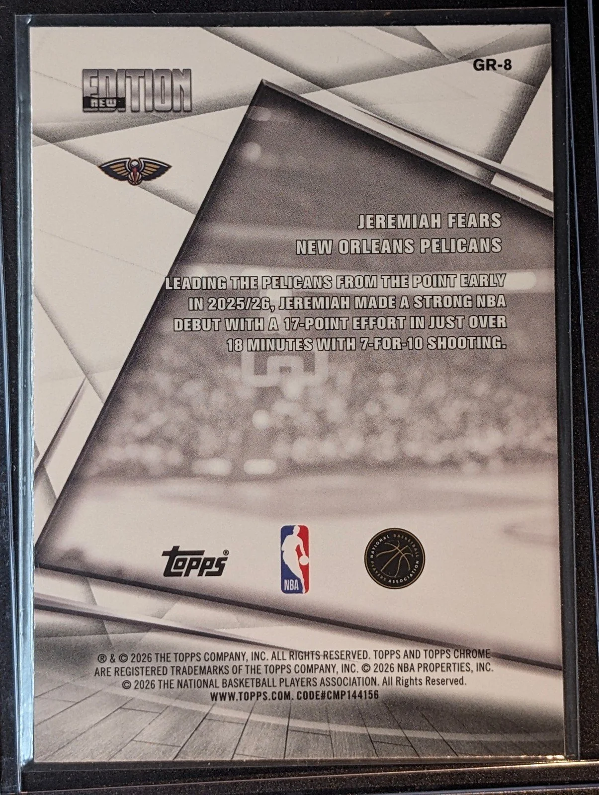 Back of 2025-26 Topps Chrome Update Jeremiah Fears New Editions #GR-8 RC