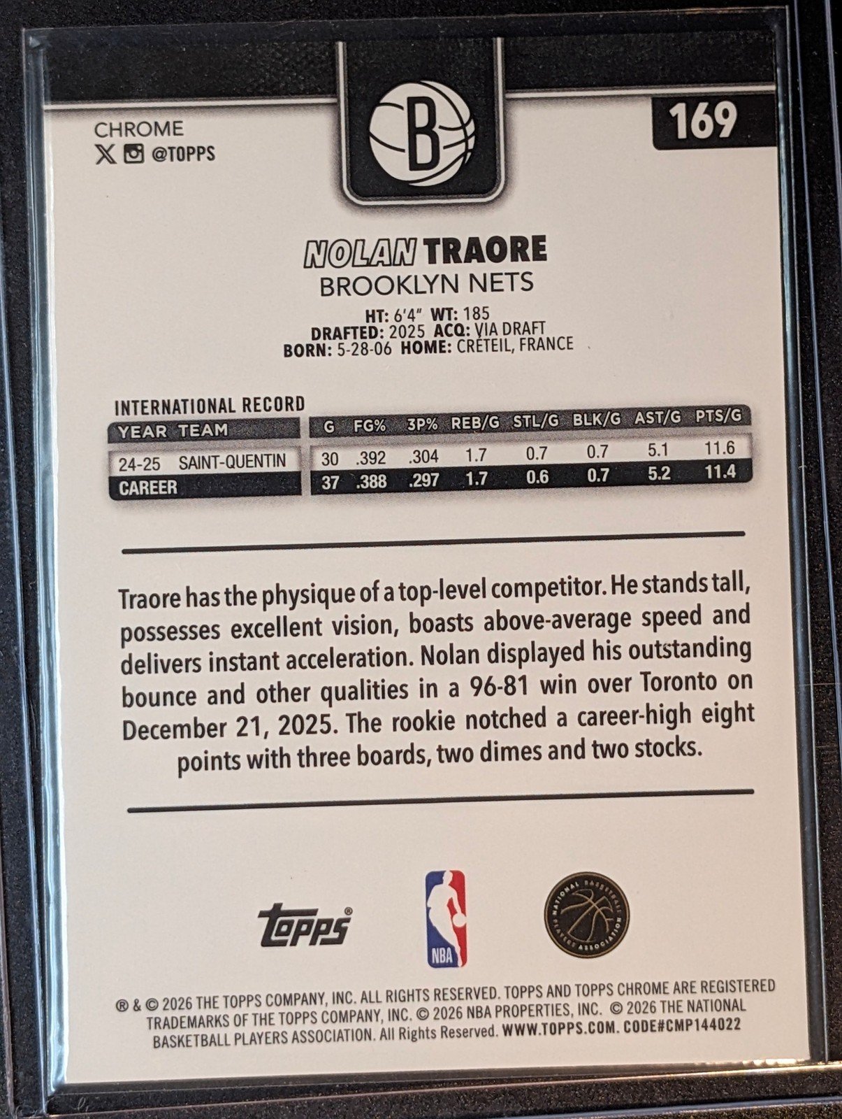 Back of 2025-26 Topps Chrome Update Nolan Traore Sapphire #169 RC