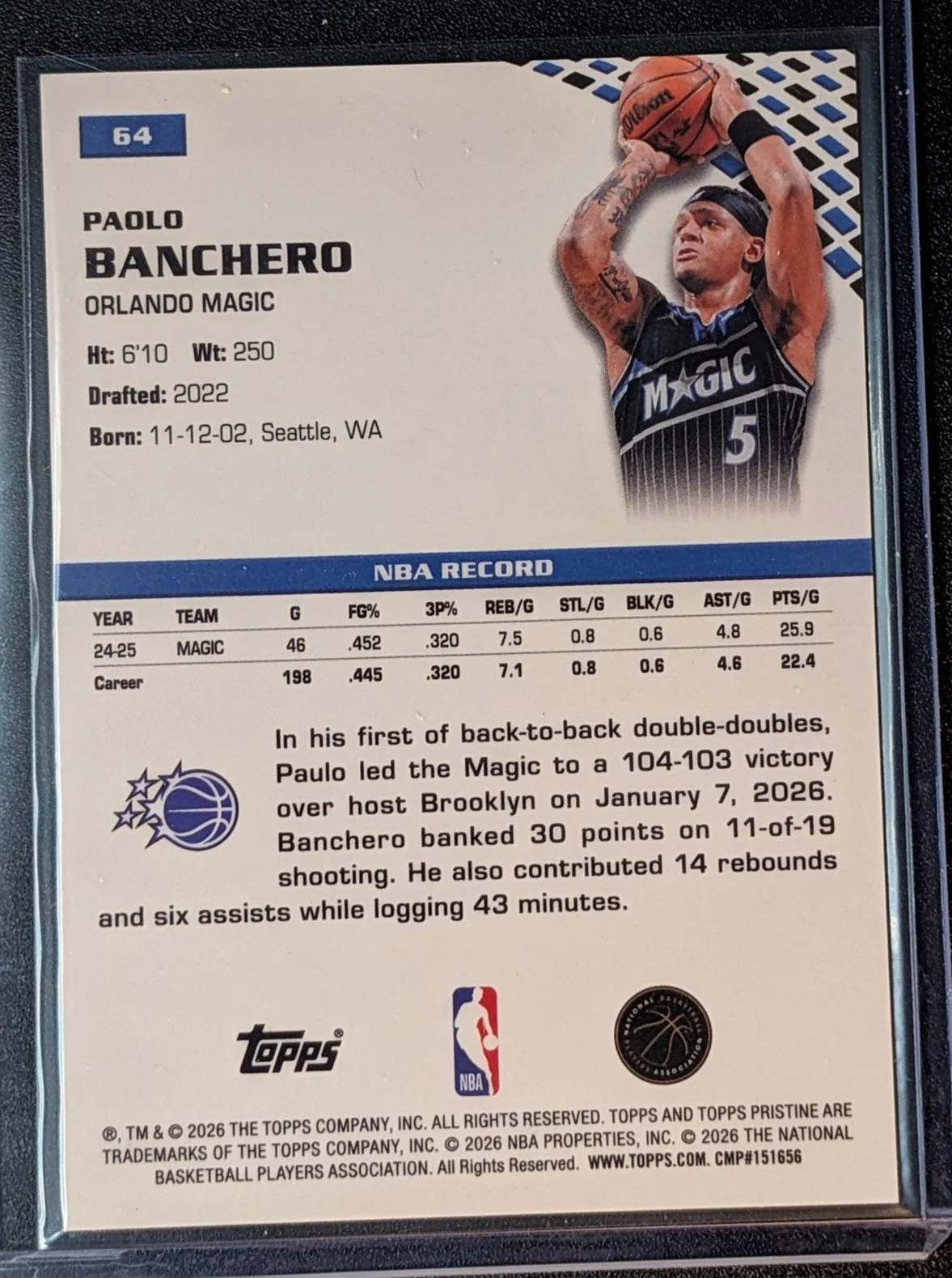 2025-26 Topps Pristine 8/12 Paolo Banchero FOTL Exclusive #64 /12 - photo 4