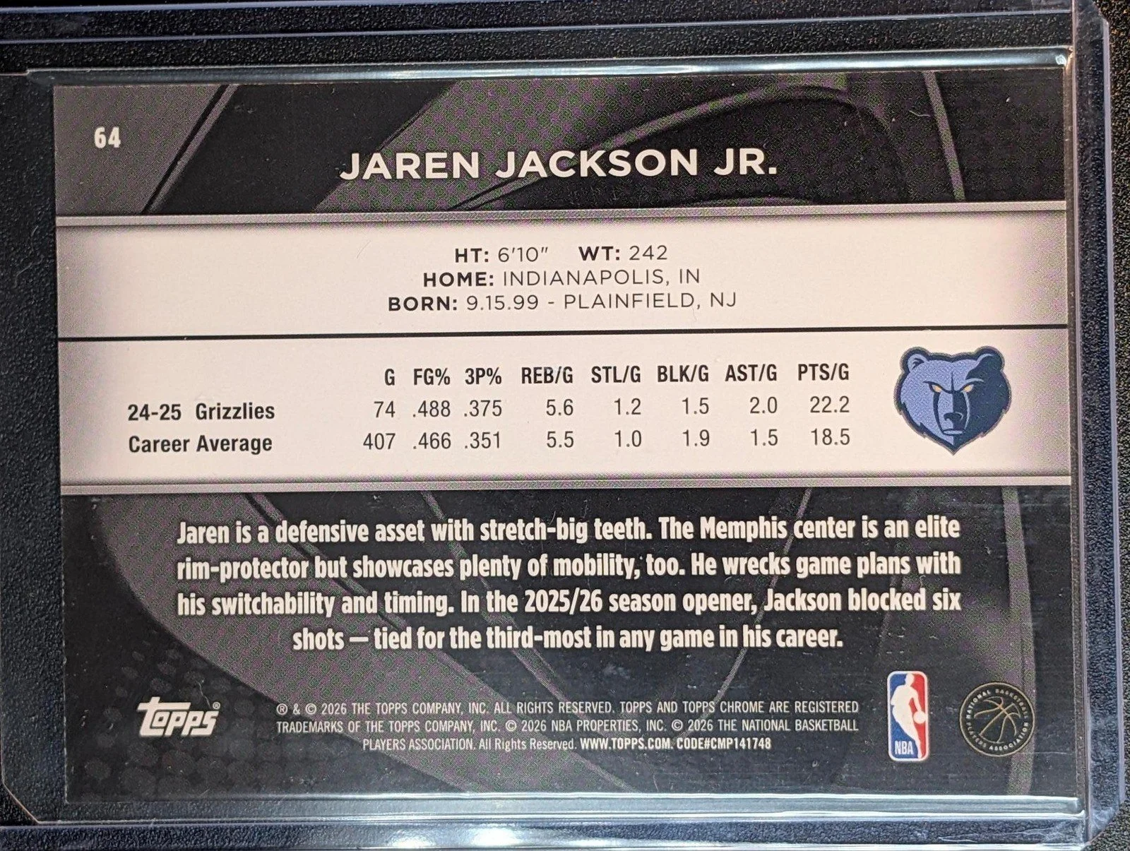 Back of Topps Chrome Black Jaren /25 Jackson Jr. Orange Refractor #64