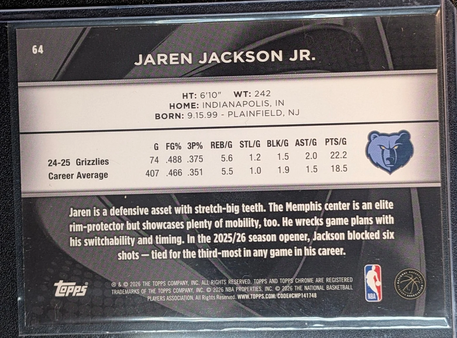 BOOKEND 75/75 Topps Chrome Black Jaren Jackson Jr. Purple Mini-Diamond /75 - photo 3
