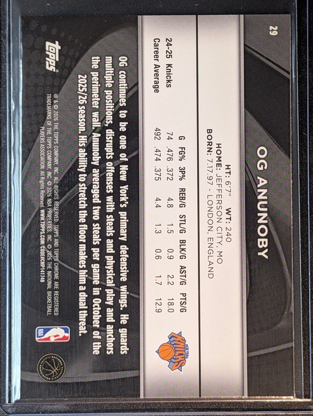 Back of 2025-26 Topps Chrome Black OG Anunoby #29