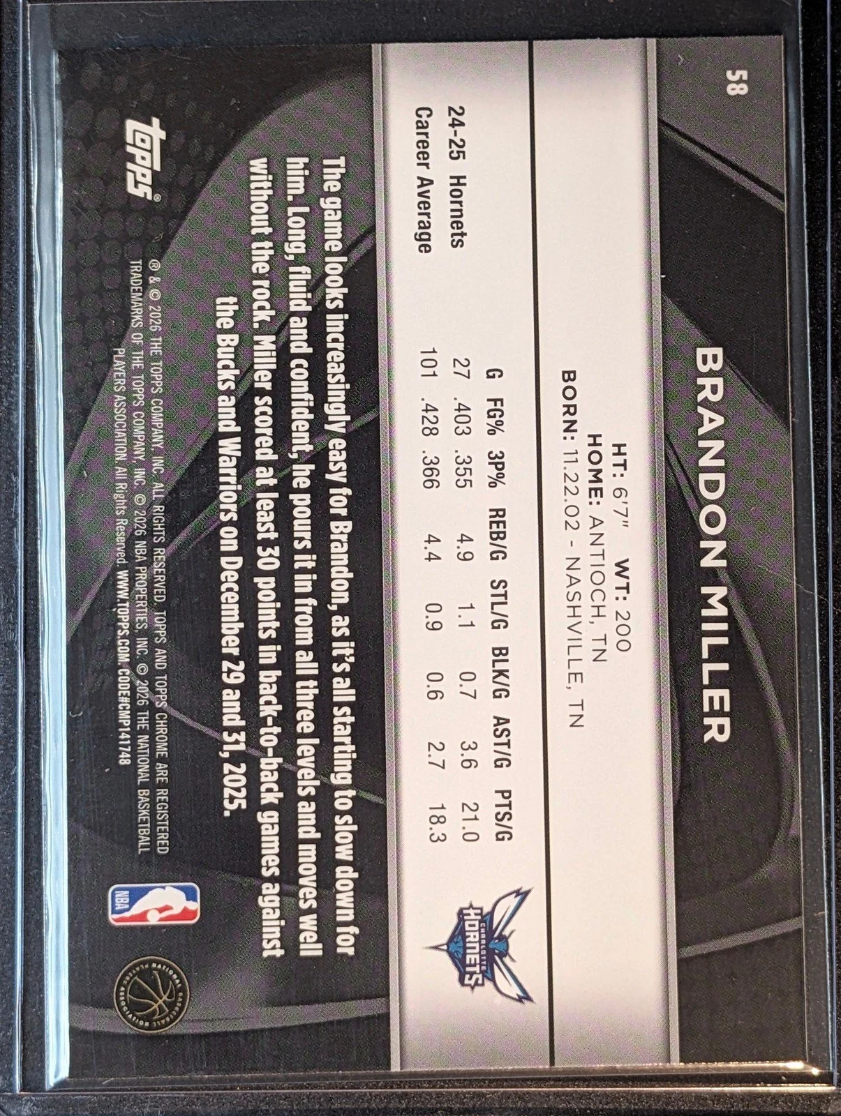 Back of 2025-26 Topps Chrome Black Brandon Miller #58