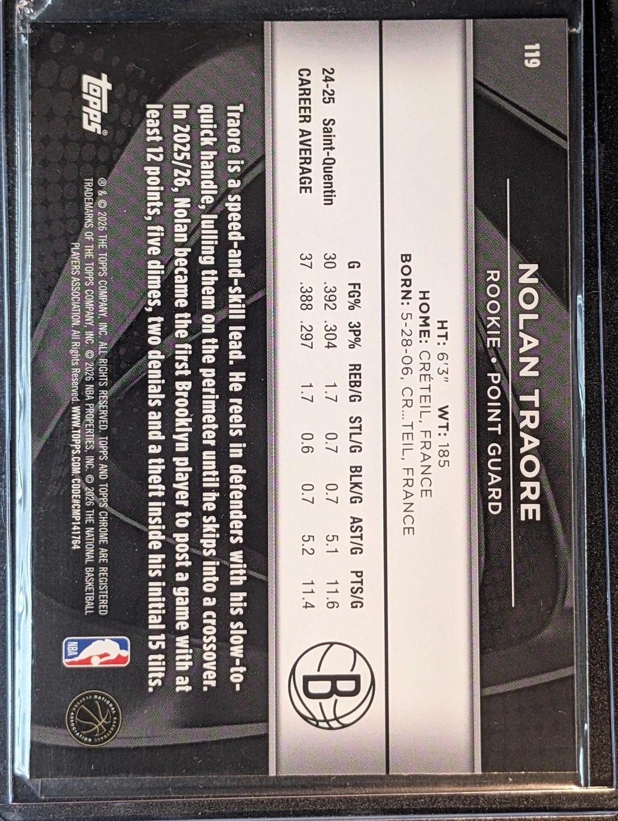 Back of 2025-26 Topps Chrome Black Nolan Traore #119 RC