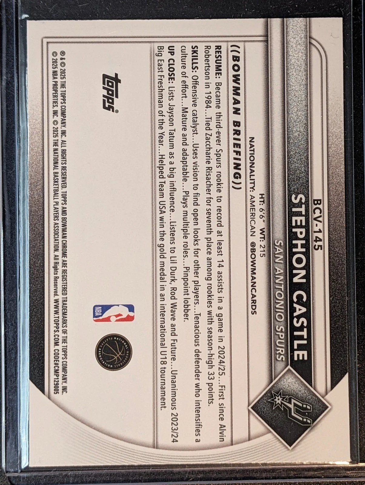 Back of 2025-26 Bowman #BCV-145 Stephon Castle Chrome Mojo Refractor