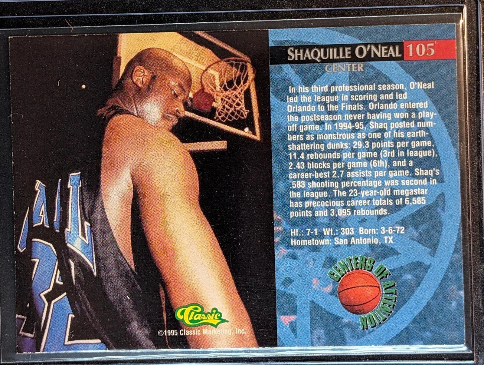 Back of 1995 Classic Rookies Shaquille O'Neal Autograph Edition #105