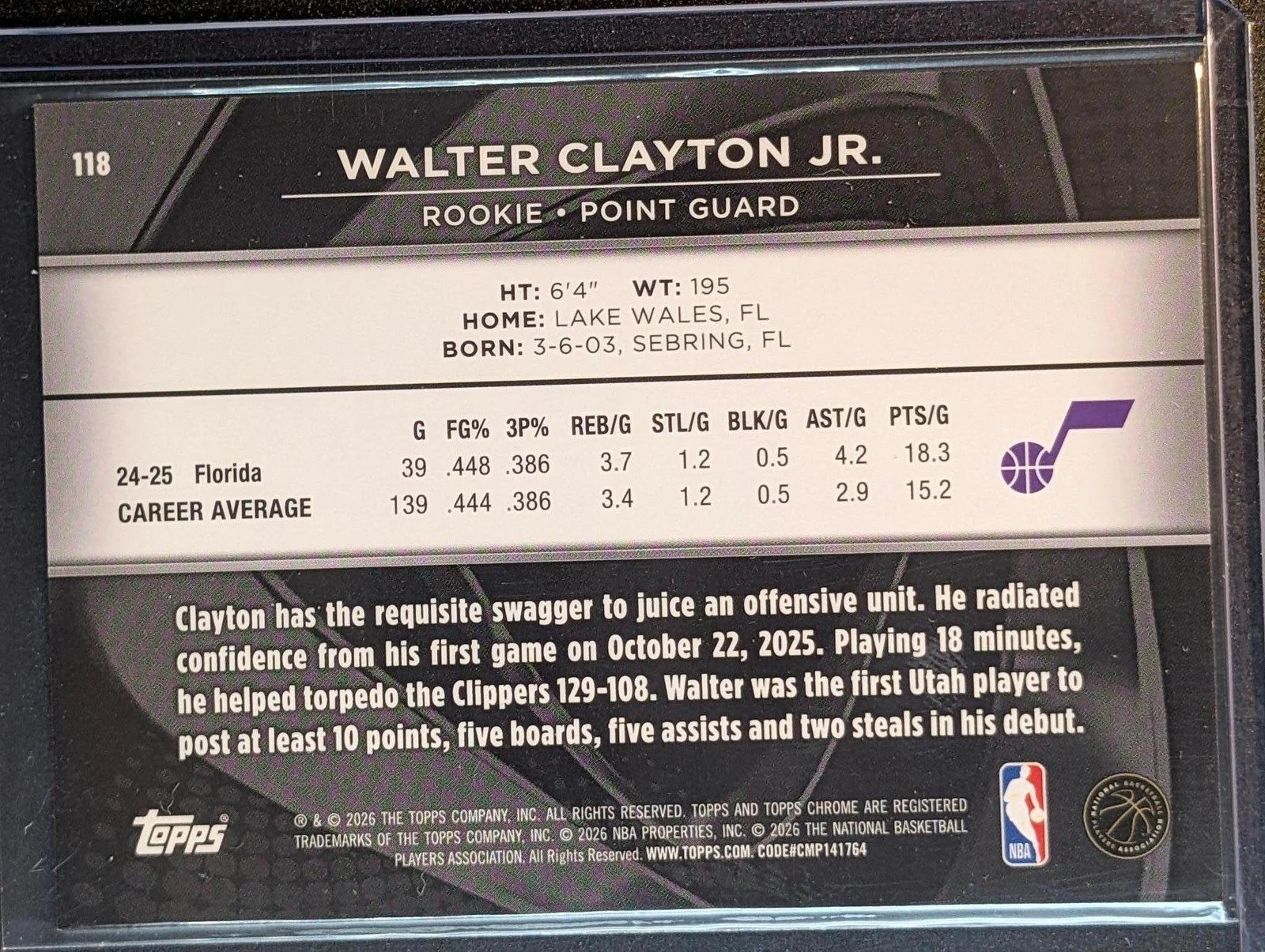 Back of 2025-26 Topps Chrome Black /299 Walter Clayton Jr. Refractor #118 RC