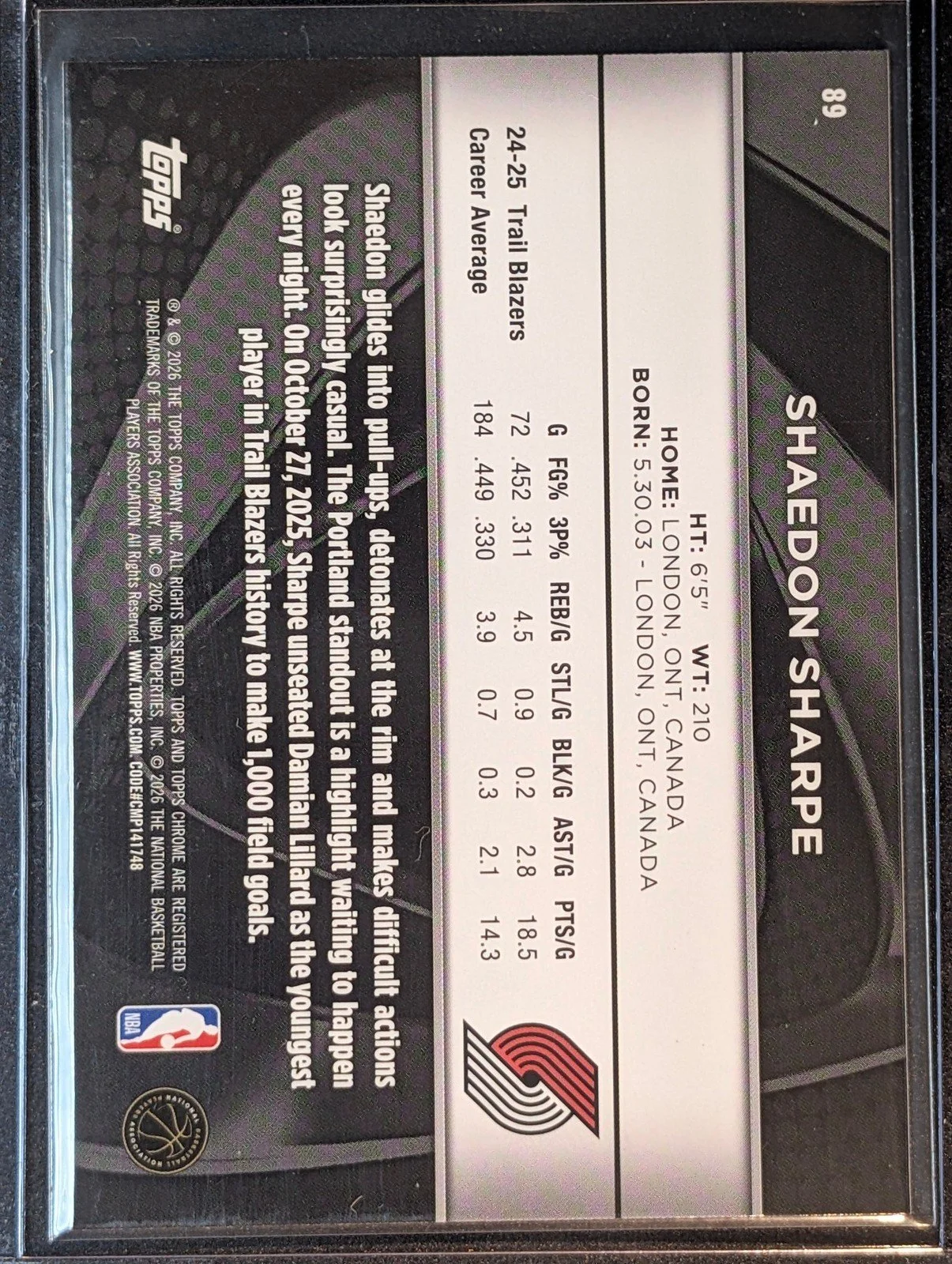 Back of 2025-26 Topps Chrome Black Shaedon Sharpe #89
