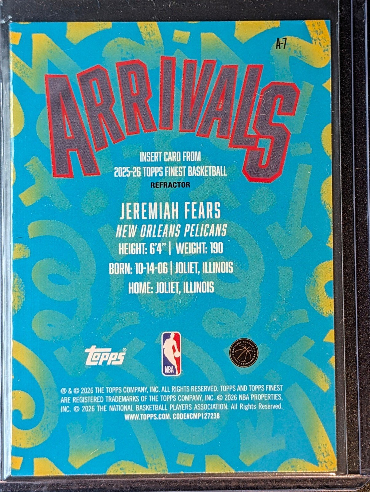 Back of 2025-26 Finest Jeremiah Fears Arrivals #A-7 RC