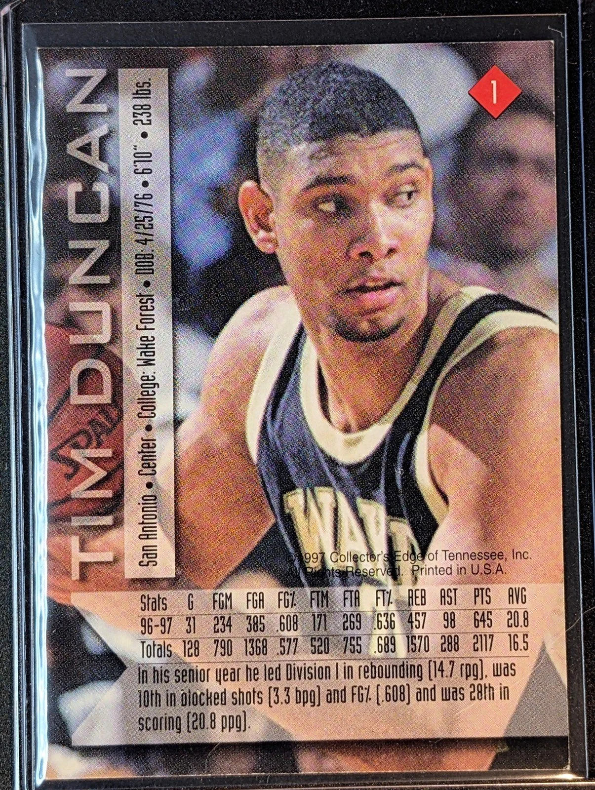 Back of 1997 Collector's Edge Impulse Tim Duncan Gold #1 RC