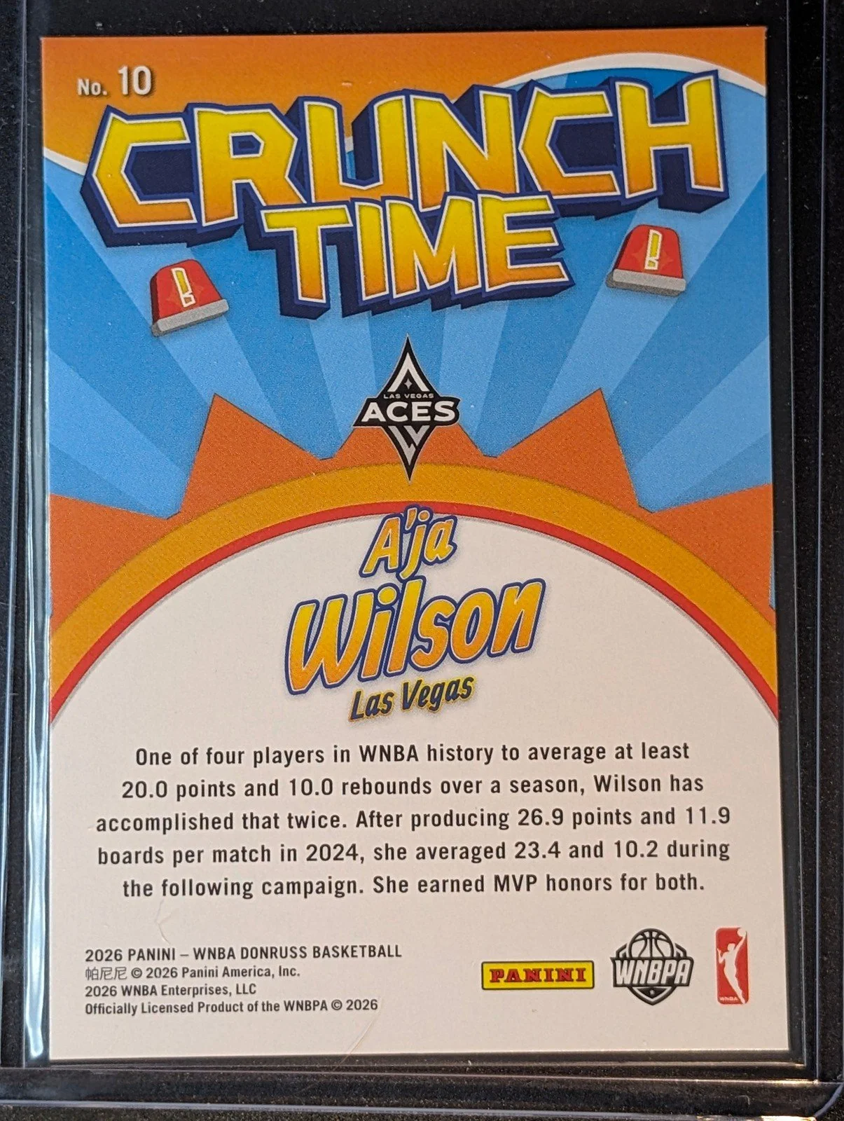 Back of 2026 Panini Donruss WNBA #10 A'ja Wilson Crunch Time