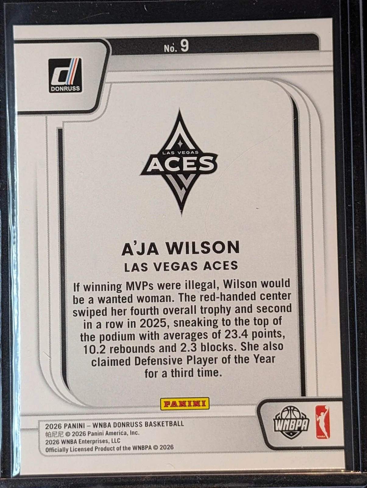 Back of 2026 Panini Donruss WNBA #9 A'ja Wilson Franchise Features Diamond