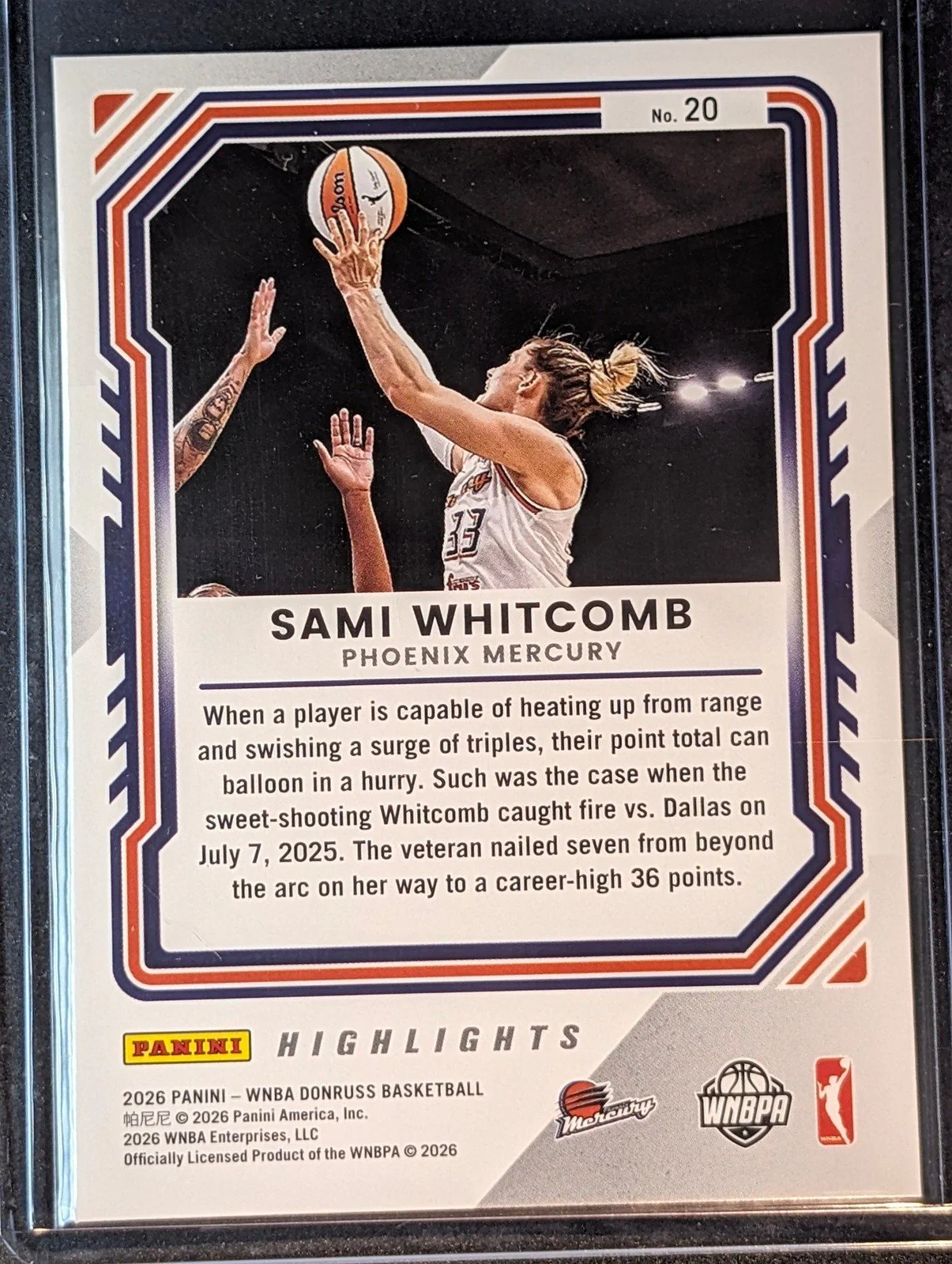 Back of 2026 Panini Donruss WNBA Sami Whitcomb Highlights Holo #20