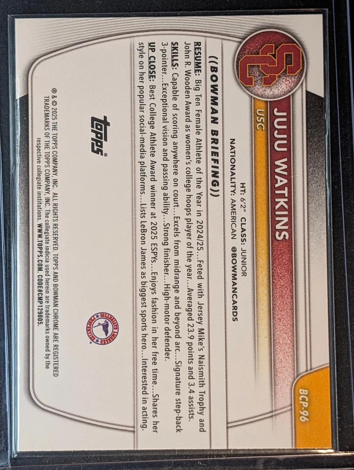 Back of 2025-26 Bowman Chrome /299 Juju Watkins Speckle Refractor #BCP-96