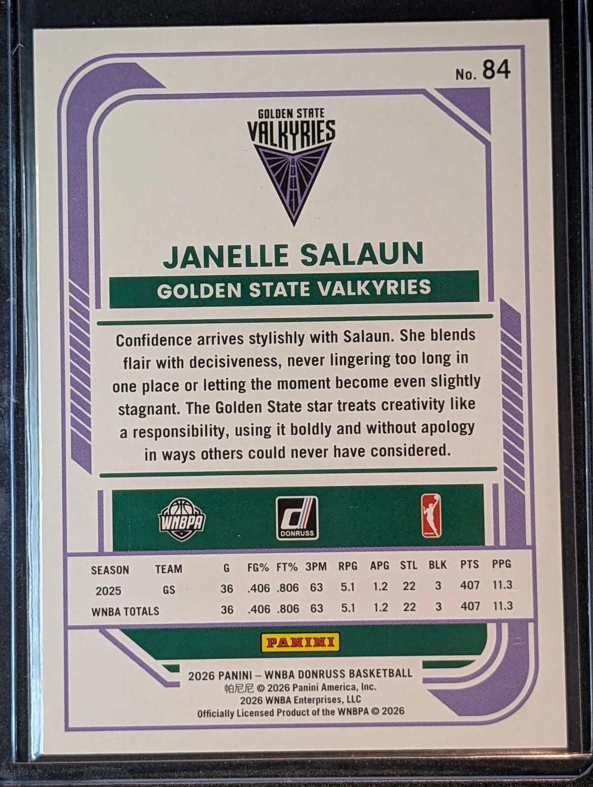 Back of 2026 Panini Donruss WNBA #84 Janelle Salaun Orange Laser /299